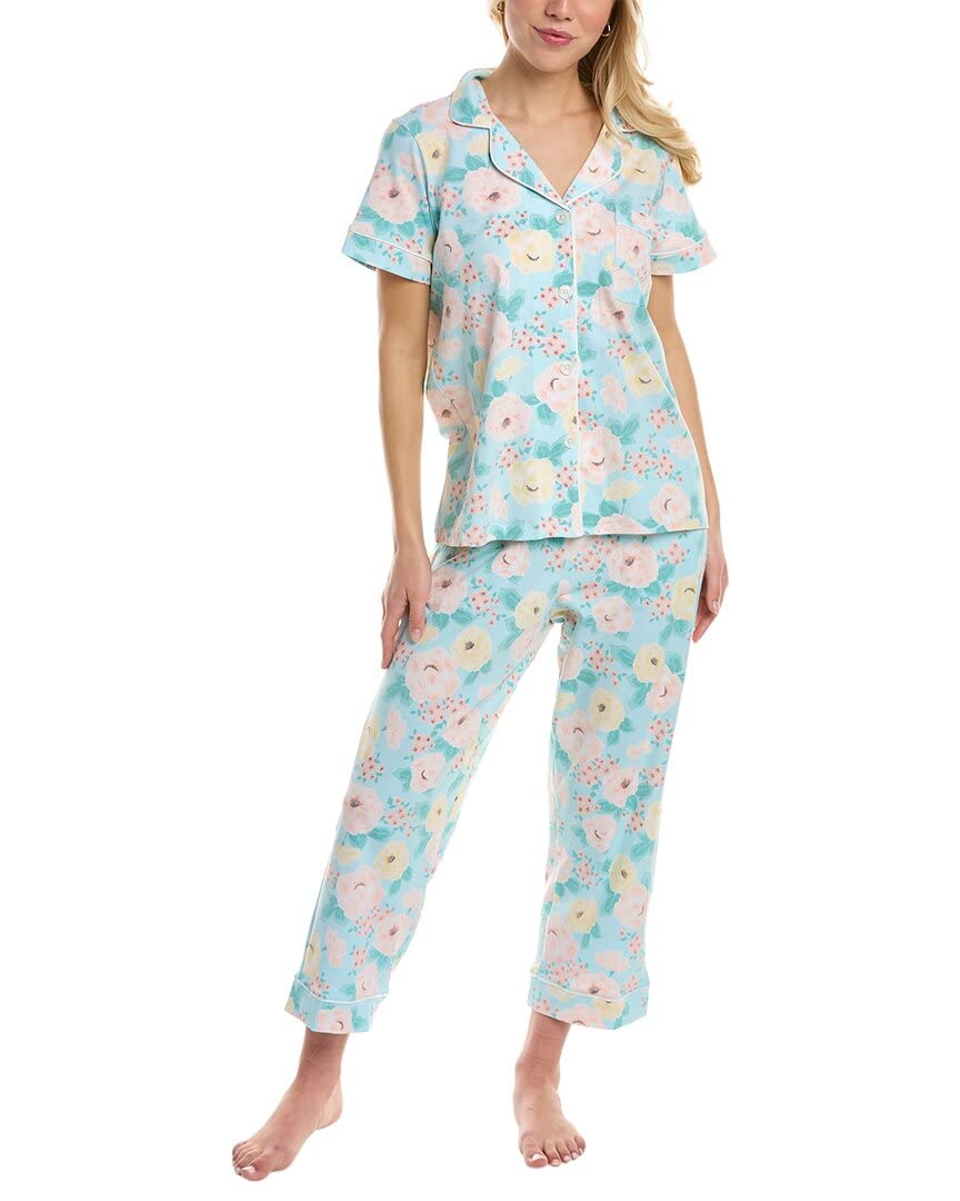 BedHead Pajamas Women's Short Sleeve Cropped Pajama Set - Athena's Garden Print - Size MD (US 8-10) - Soft Cotton Sleepwear for Lounge & Relaxation