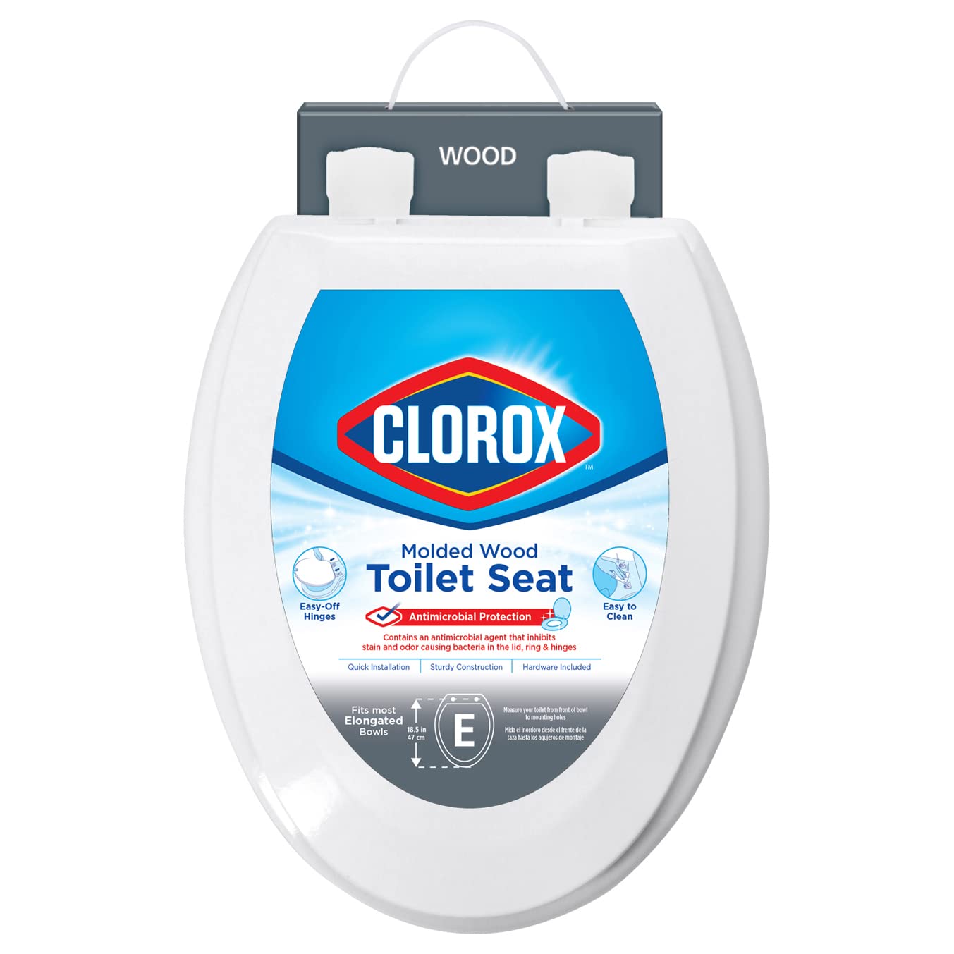 Clorox Antimicrobial Elongated Wood Toilet Seat with Easy-Off Hinges – Wiggle-Free Design for Bathroom Safety & Hygiene | Perfect for Homes, Hotels & Commercial Use