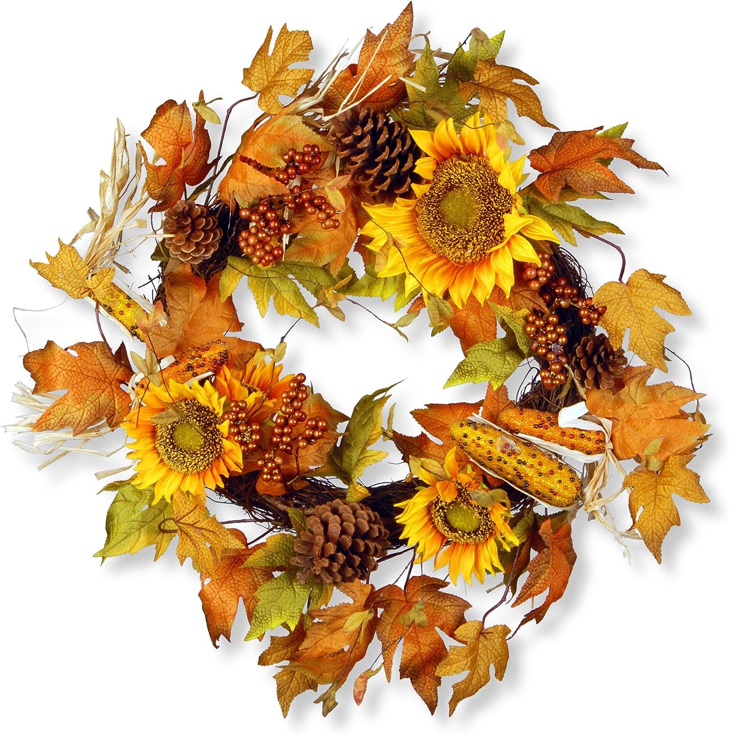 National Tree Company 24 Inch Artificial Autumn Wreath with Sunflowers, Pinecones, Berries & Maple Leaves - Fall Home Decor for Front Door, Mantel or Thanksgiving Table Centerpiece