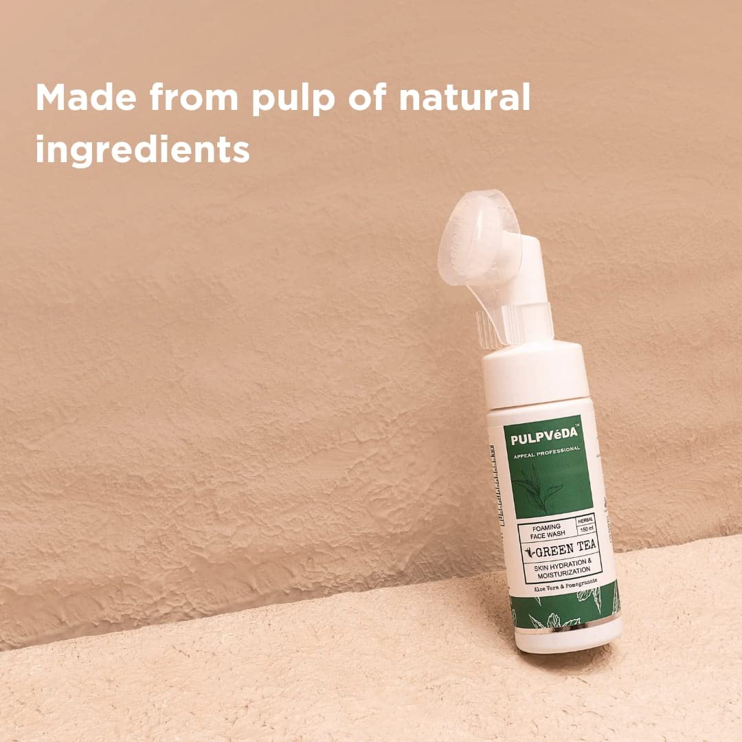 PULPVEDA Green Tea Foaming Face Wash with Aloe Vera & Pomegranate - Hydrating Cleanser for Dry Skin, Blemishes & Toxins | 150ml | Gentle Daily Facial Cleanser for Glowing Skin at Home or Travel