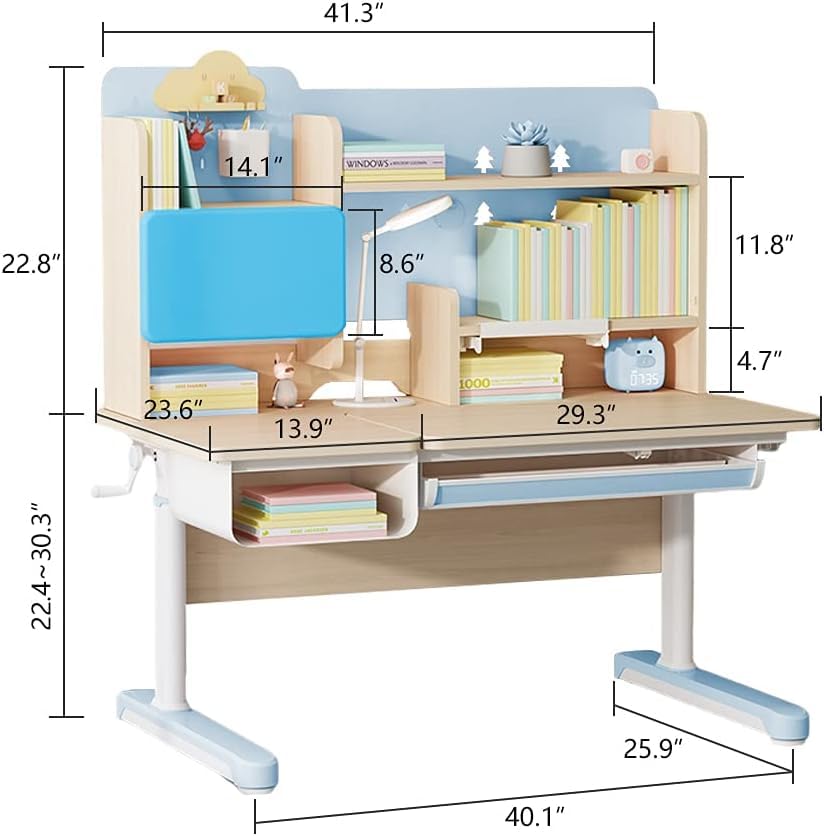 Adjustable Height Kids Desk and Chair Set - Ergonomic Wooden Study Table with Tiltable Desktop, Pull-Out Drawer, Bookshelf Hutch & Tablet Holder - Perfect for Homeschooling, Online Learning & Children's Bedroom (Blue)