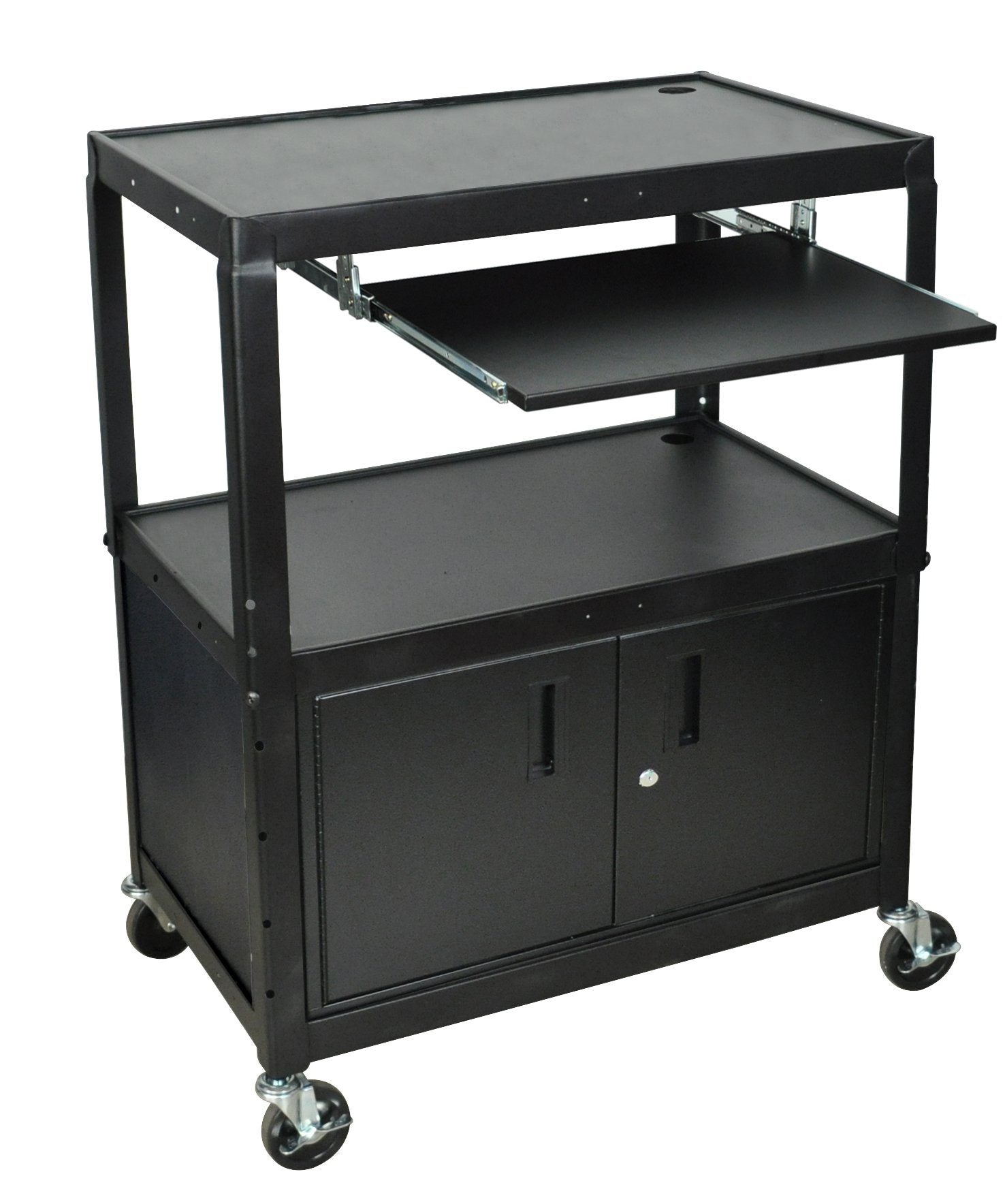 Luxor Extra Wide Adjustable Height AV Cart with Keyboard Shelf & Storage Cabinet - Ideal for Classrooms, Offices, and Conference Rooms
