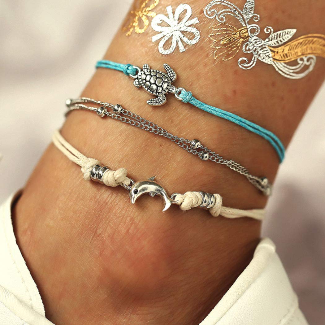 Boho Layered Anklet Bracelet with Silver Sea Turtle Charm - Stylish Beach Foot Jewelry for Women & Girls | Perfect for Summer Vacations, Pool Parties and Boho Fashion Accessories