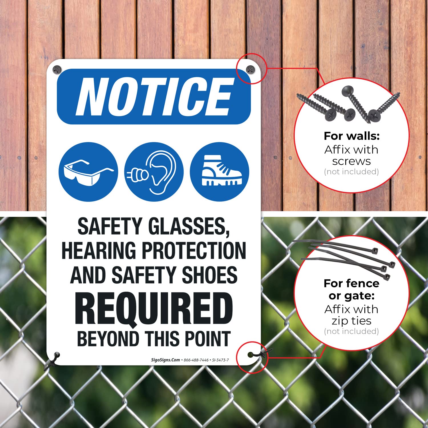 OSHA Safety Sign - Safety Glasses, Hearing Protection & Safety Shoes Required - Workplace Safety Equipment for Construction & Industrial Areas