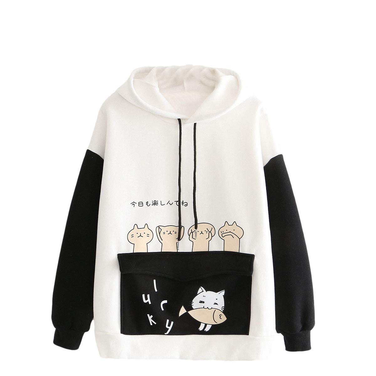 Women's Cute Color Block Hoodie with Cat Cartoon Graphic - Cozy Pullover Sweatshirt with Creative Pocket | Perfect for Casual Wear, Street Fashion & Cat Lovers