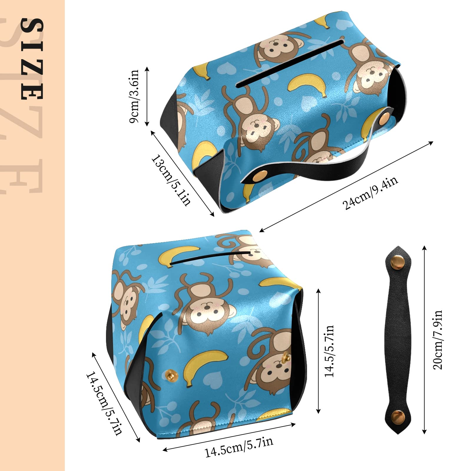 Cute Cartoon Monkey Tissue Box Cover - Rectangular Leather Tissue Holder with Handle for Facial Tissues | Perfect for Nightstands, Bathroom Vanity, Countertops, Desks & Bedroom Decor