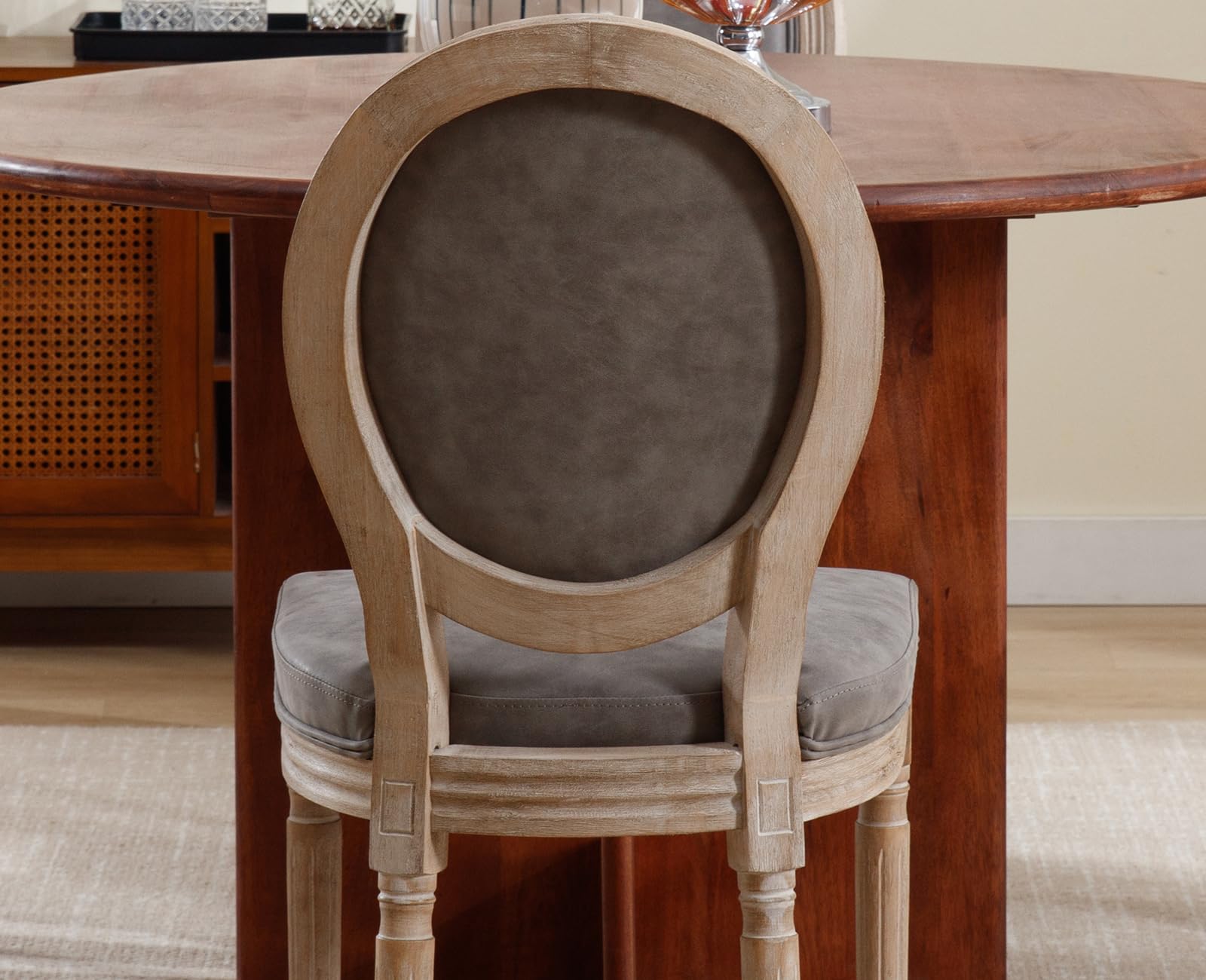 Farmhouse Leather Dining Chairs Set of 4 - French Country Round Back Side Chairs for Kitchen, Restaurant, Dining Room & Living Room - Grey Upholstered Seating (Perfect for Rustic Home Decor & Entertaining Guests)