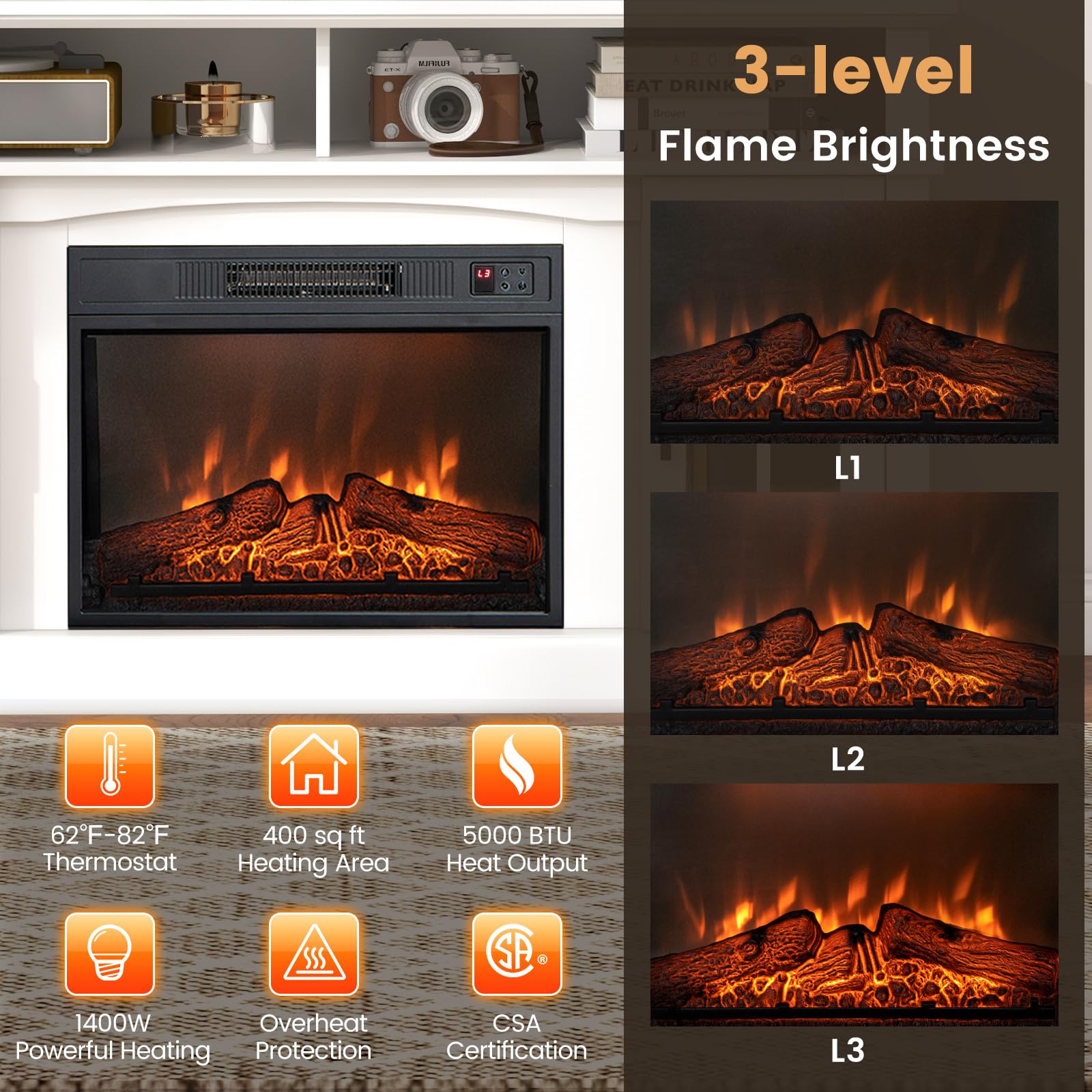 Tangkula 65 Inch Electric Fireplace TV Stand with Remote Control - Overheat Protection, 3-Level Adjustable Brightness, 23