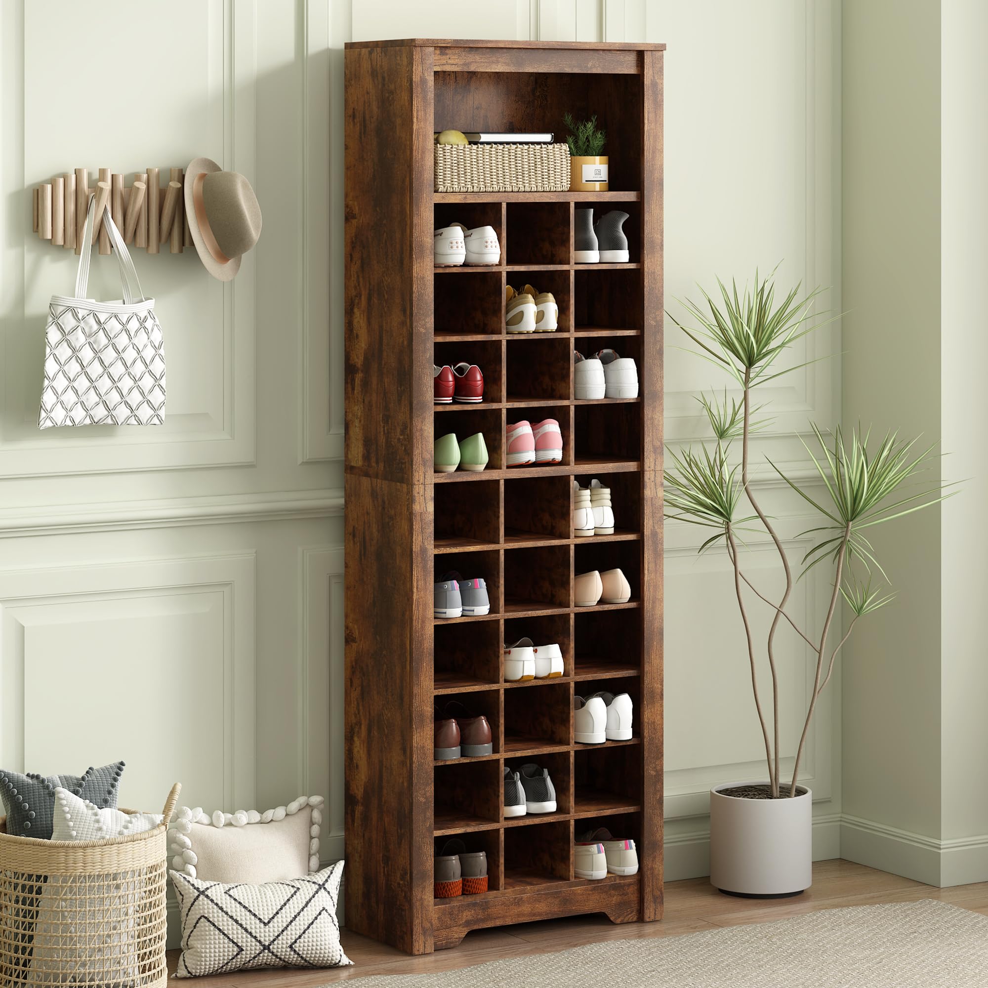 11-Tier Shoe Storage Cabinet - Holds 30 Pairs, Freestanding Shoe Rack Organizer for Entryway, Hallway & Bedroom - Rustic Brown Shoe Cubby with Versatile Use - Perfect for Small Spaces & Closet Organization