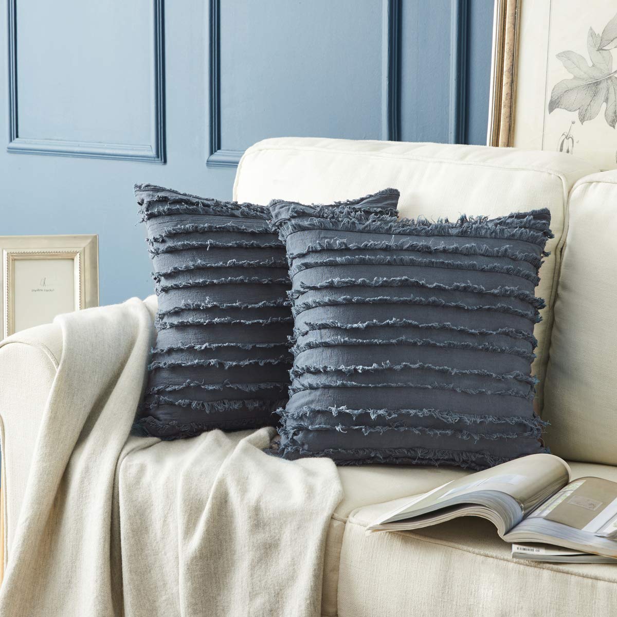 GIGIZAZA 18x18 Inch Decorative Throw Pillow Covers - Grey Blue Square Linen Couch Pillow Covers for Sofa, Boho Cushion Pillows | Living Room, Bedroom, Nursery Decor