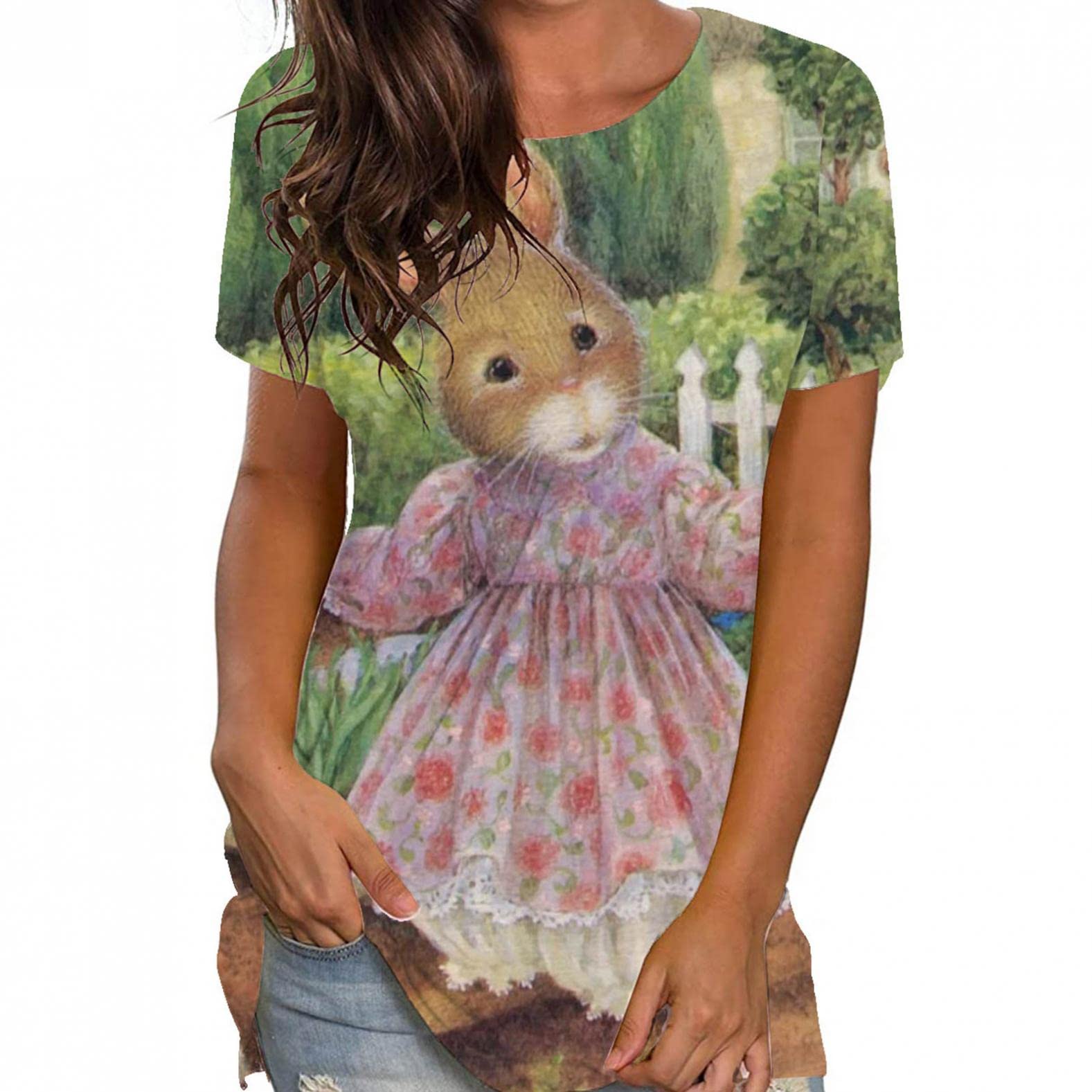 GUOBIOZIY Women's Casual Bunny Print Crew Neck T-Shirt - Loose Fit Summer Top for Dressy & Everyday Wear | Perfect for Beach, Office & Weekend Outings