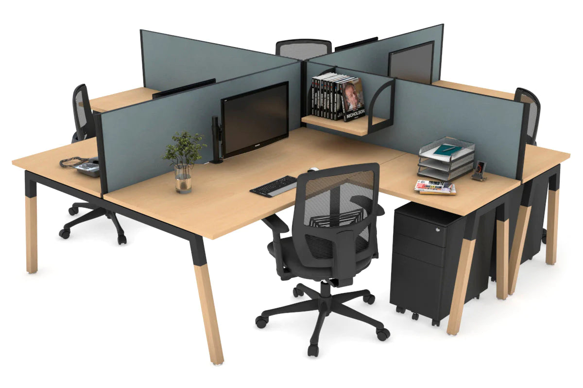 Quadro Wood A Legs Cross Beam 4-Person Corner Workstation Desk - 1600L x 1800W with Cable Management Scallop - Perfect for Office, Home Workspace & Collaborative Environments