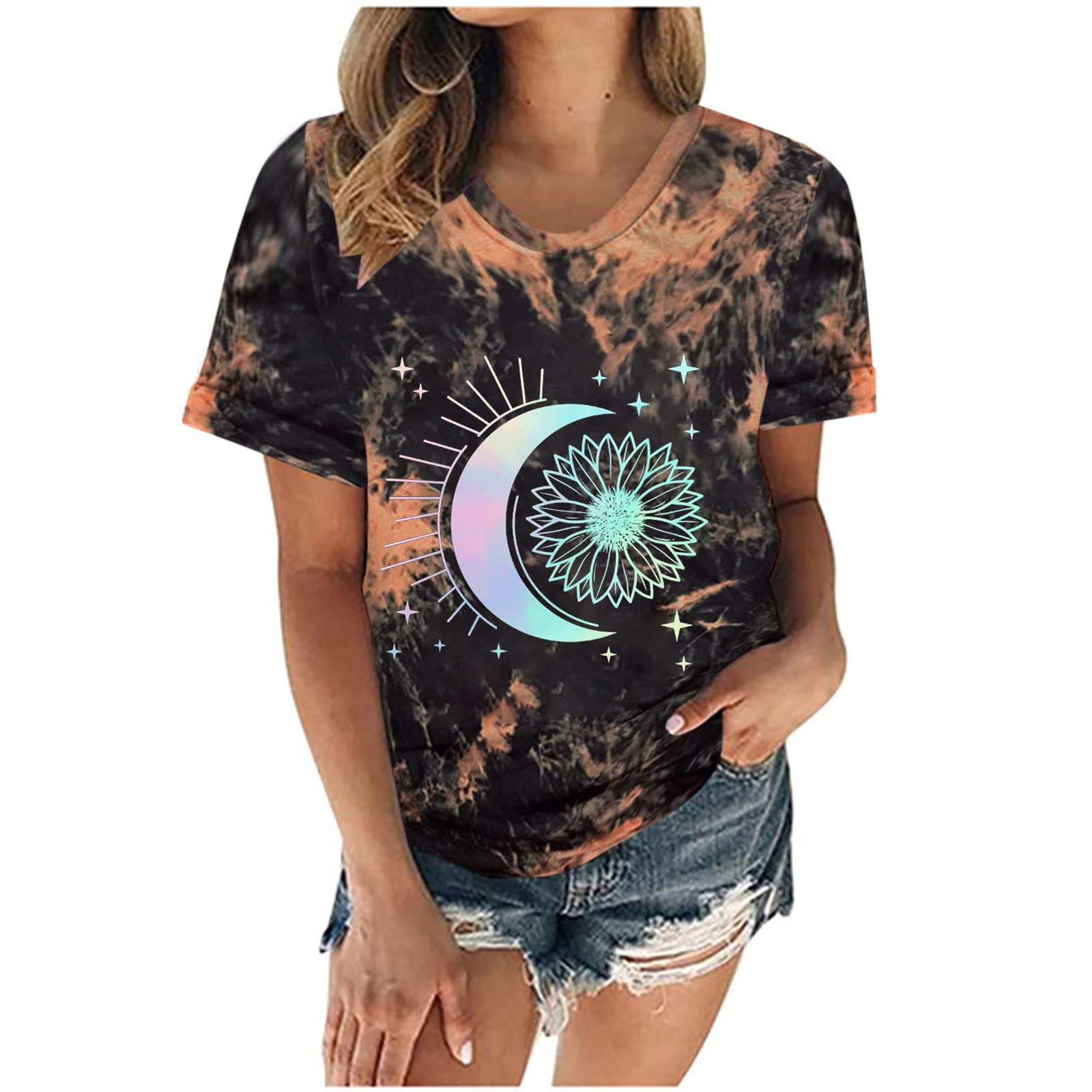 Vintage Tie Dye T-Shirts for Women - Short Sleeve Summer Graphic Tees with Cute Designs, Trendy Casual Crew Neck Tops in Black | Perfect for Beach Outings, Music Festivals & Everyday Wear