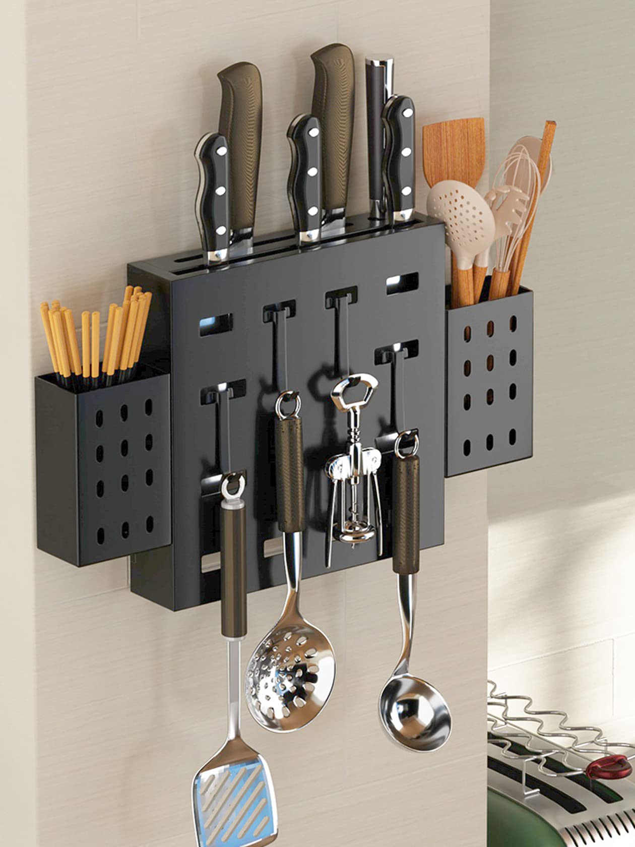NSMYOOK Stainless Steel Wall Mount Knife & Chopsticks Organizer - Detachable Kitchen Utensil Drying Rack with Hooks for Sink Area | Perfect for Small Kitchen Space Saving & Dish Drying Organization