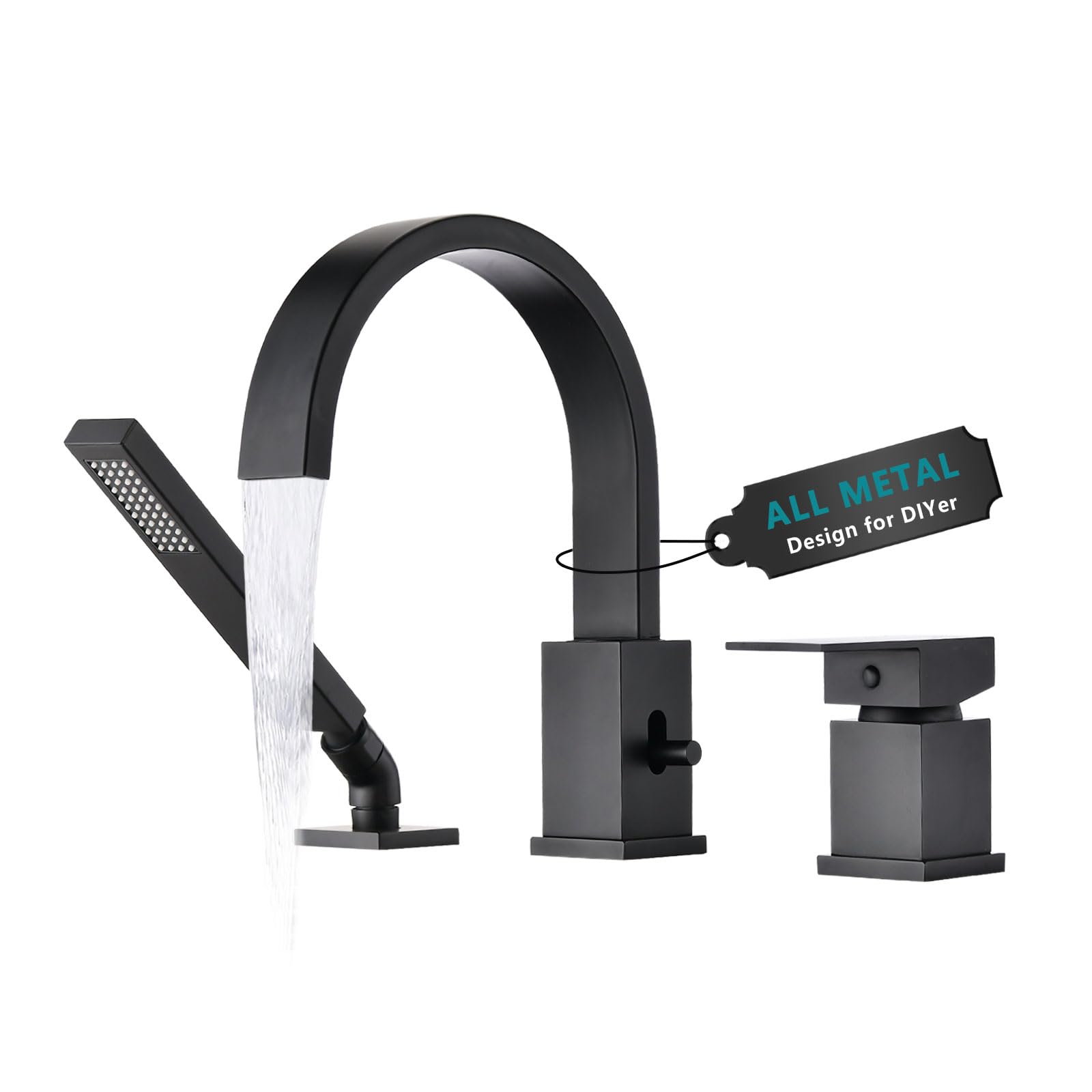 Brass Roman Tub Faucet with Sprayer - Deck Mount Bathtub Faucet with Hand Shower - 3 Hole Waterfall Tub Faucet with 360° Swivel Spout - Single Handle High Flow Tub Filler (8 GPM) in Matte Black - Perfect for Luxury Bathrooms, Spa Retreats & Modern Home Decor