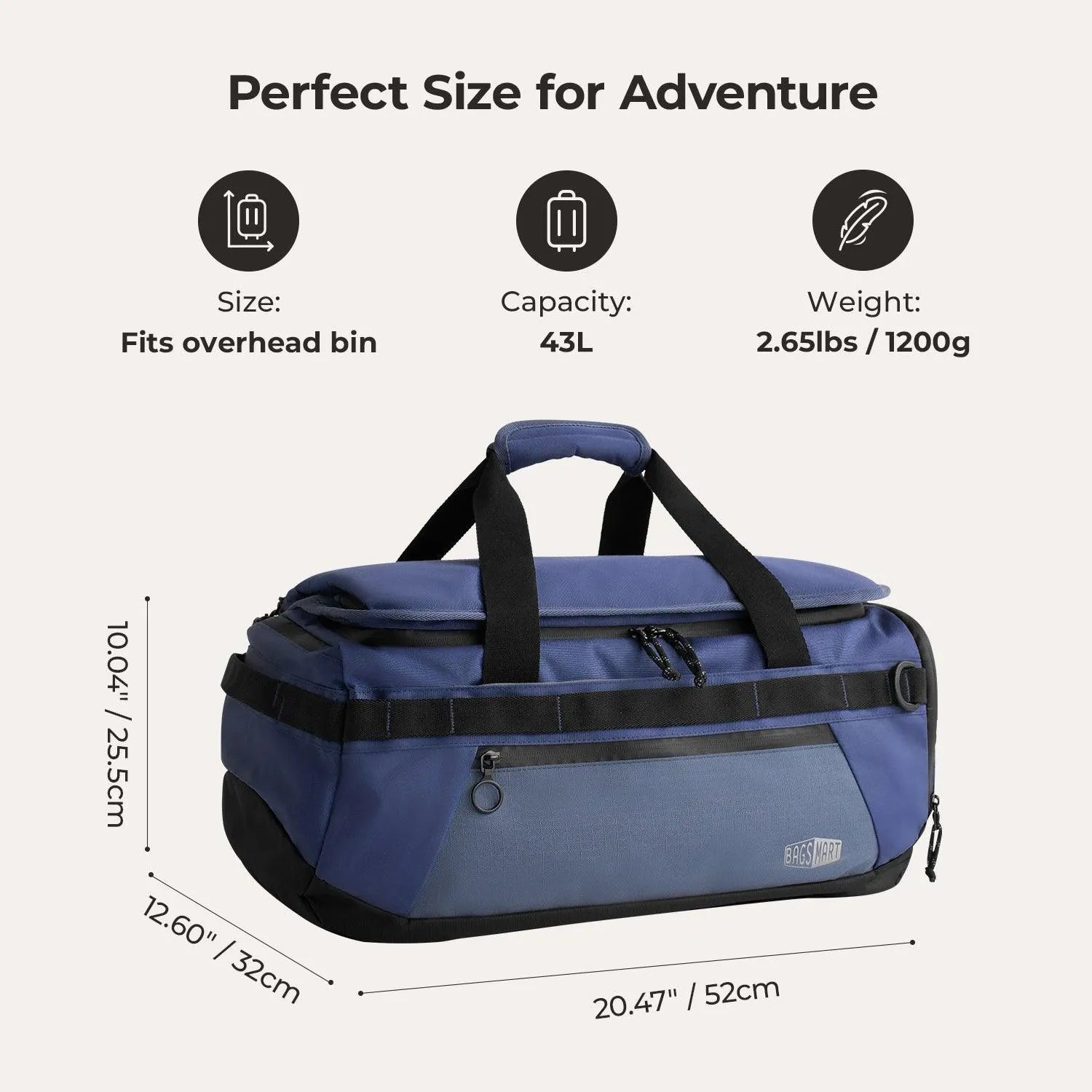 Paz 43L Duffle Backpack - Waterproof Travel Duffel Bag with Shoulder Strap for Gym, Camping & Weekend Getaways
