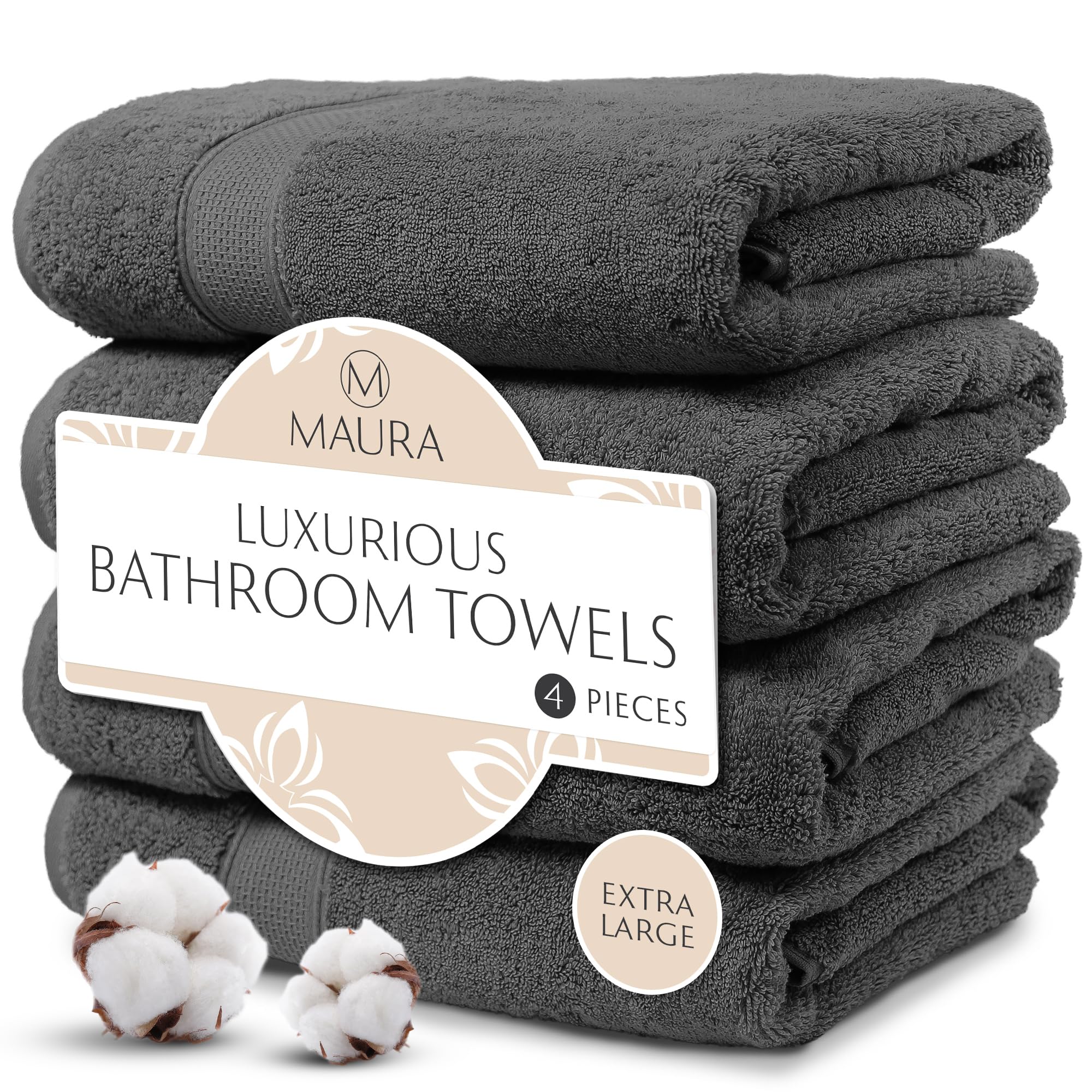 MAURA Grey Extra Large Turkish Cotton Luxury Bath Towels Set of 4 - Ultra Soft, Thick & Plush Bathroom Towels | Premium Spa-Grade Quality for Hotels, Home & Gifts (Space Gray)