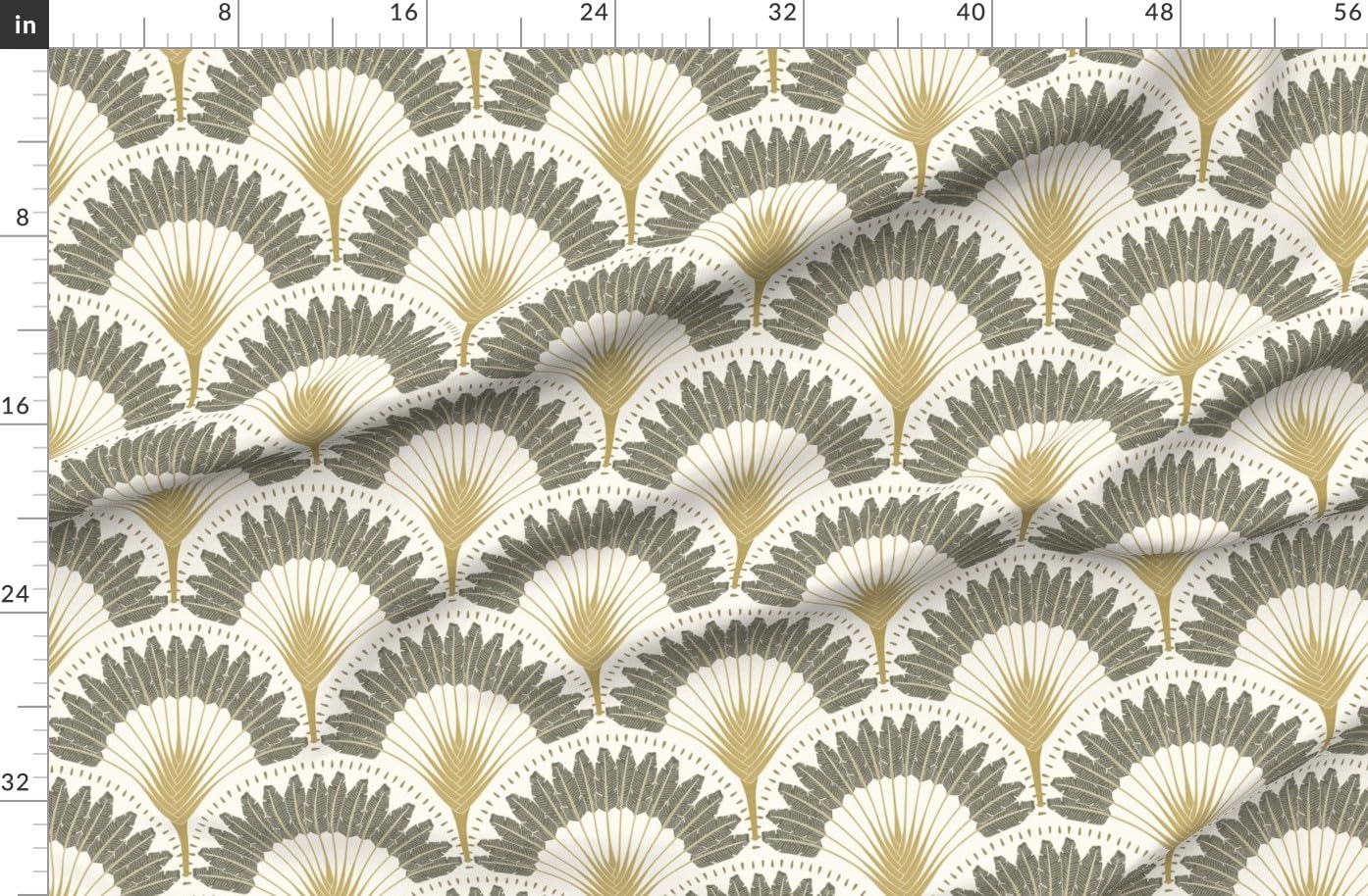 Trendy Spoonflower Fabric - Neutral Botanicals Palms & Art Deco Fans Printed on Denim by The Yard | Bottomweight for Apparel, Home Decor & Upholstery | Perfect for DIY Fashion, Curtains & Throw Pillows