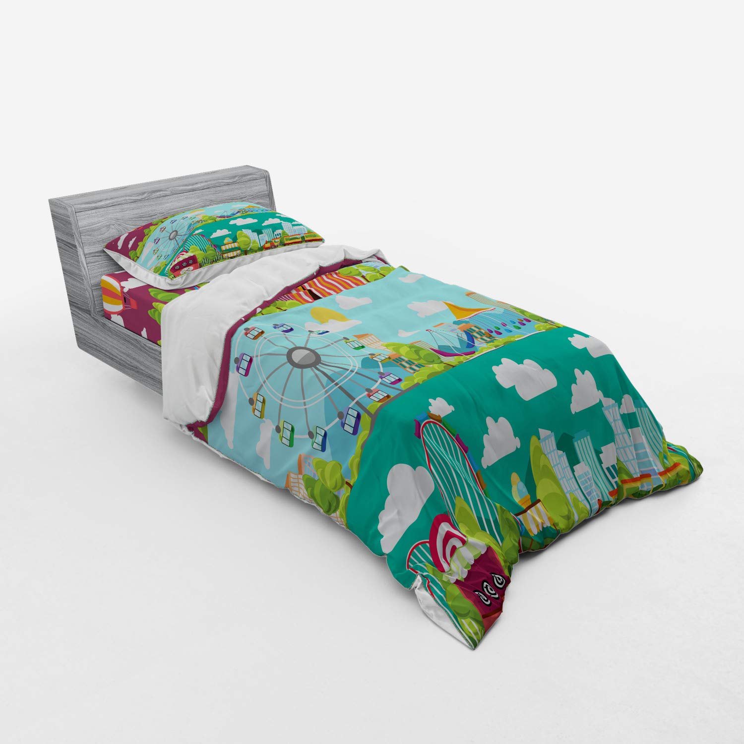 Ambesonne Circus Themed Bedding Set - 3 Piece Duvet Cover with Sham & Fitted Sheet, Twin Size, Multicolor City Carnival Design with Carousel, Slides, Swings & Ferris Wheel - Perfect for Kids' Rooms, Themed Bedrooms & Circus Lovers