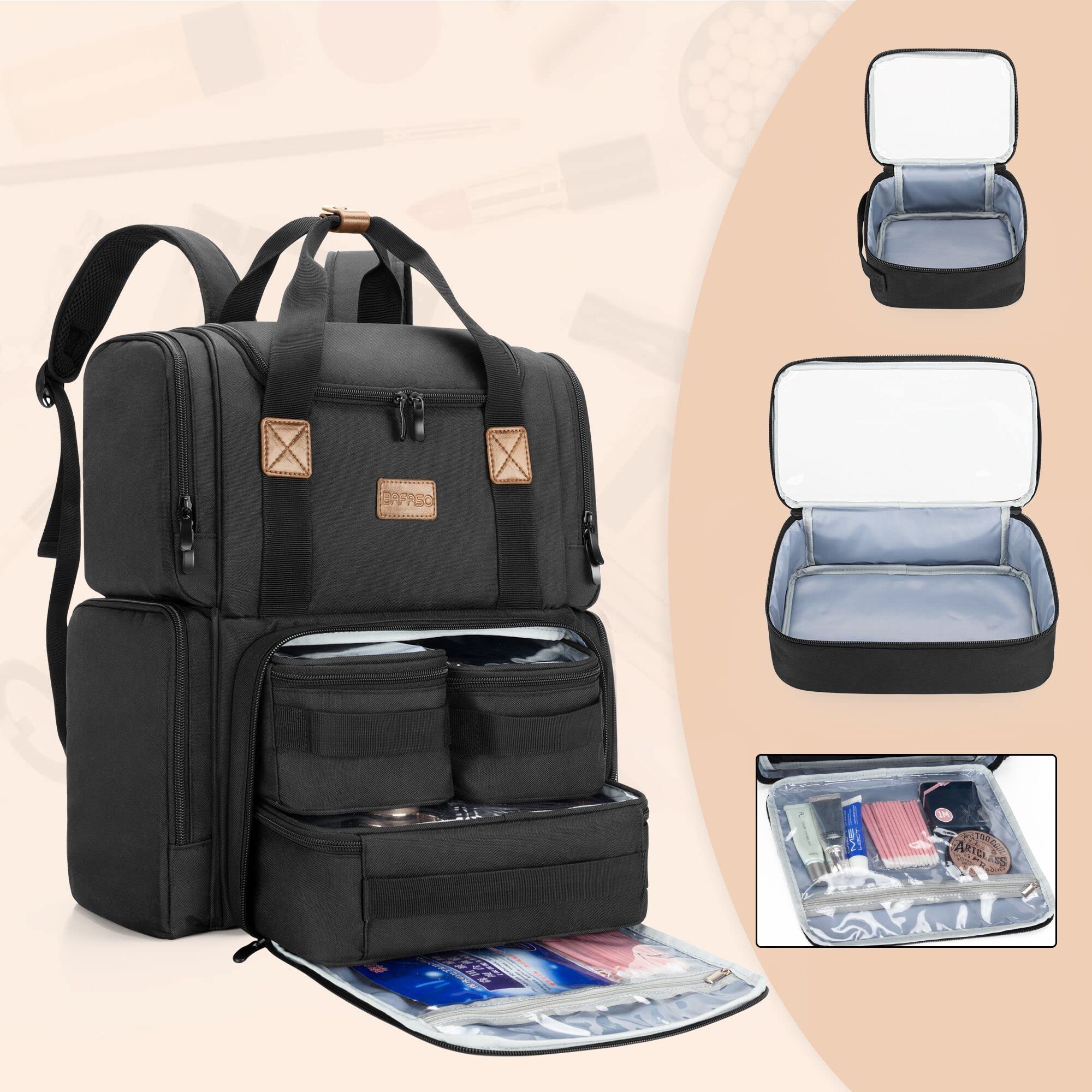 BAFASO Travel Makeup Organizer - Waterproof Cosmetic Bag with 3 Removable Inner Pouches & Multiple Pockets for Women (Black) | Perfect for Air Travel, Gym Essentials & Daily Beauty Storage