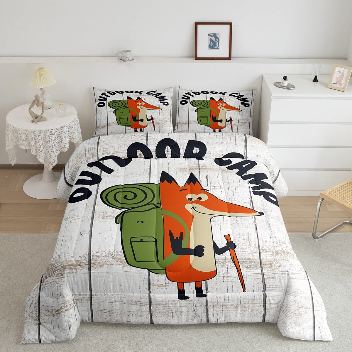 **Cute Fox Camping Comforter Set for Kids - Full Size Soft & Cozy Quilted Bedding with Rustic Camper Design - Perfect for Boys & Girls Bedroom, Outdoor Room Decor, and Cozy Sleepovers**