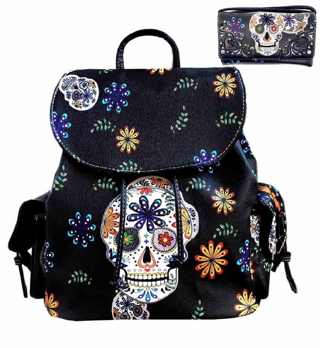 Texas West Large Sugar Skull Day of the Dead Backpack - Women's Gothic Biker Purse & Wallet Set with Concealed Carry (Black) | Perfect for Travel, Motorcycle Rides & Halloween Celebrations