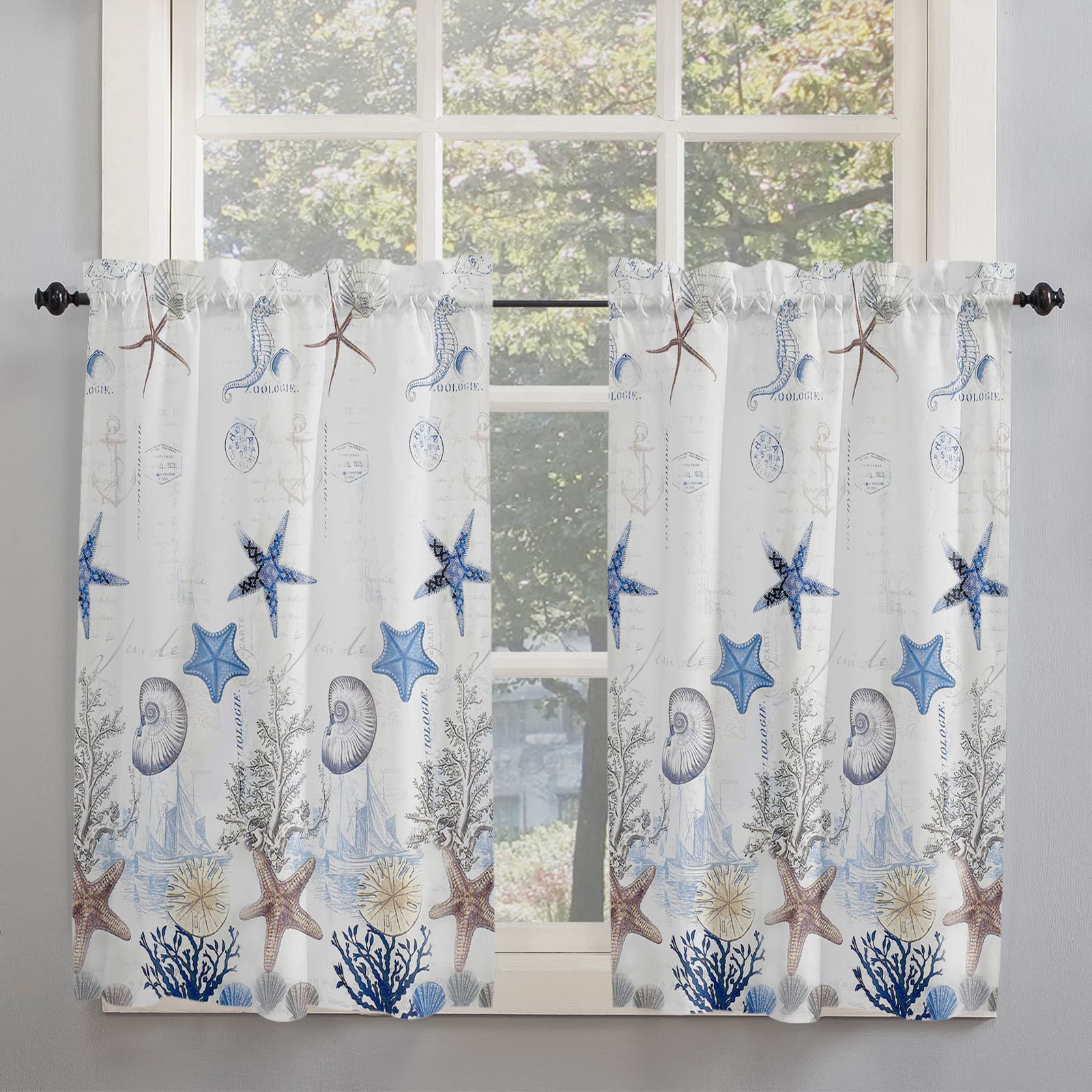 Kitchen Tier Curtains 2 Panels - Coastal Starfish & Seashell Design, Light Filtering Rod Pocket Cafe Curtains for Small Windows, Retro Ocean Nautical Theme - Perfect for Bathroom, Kitchen or Beach House Decor