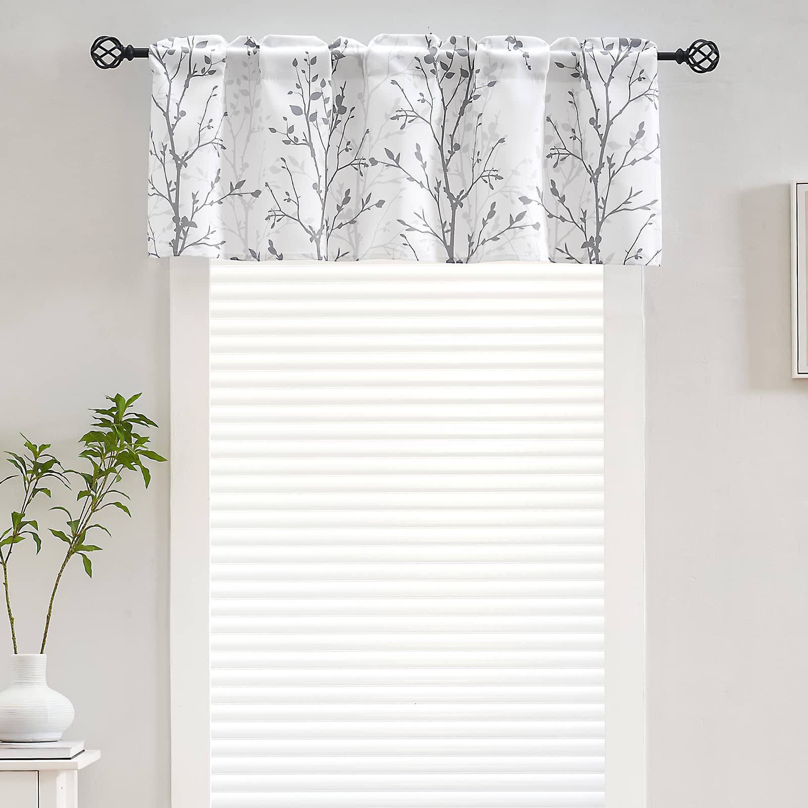 Luvyohmee Tree Branch Printed Window Valance - 18 Inch Long Grey Curtain Valance for Kitchen, Bathroom, Dining Room, Living Room, Bedroom & Kids Room - 2 Panels - Perfect for Farmhouse, Boho & Modern Home Decor