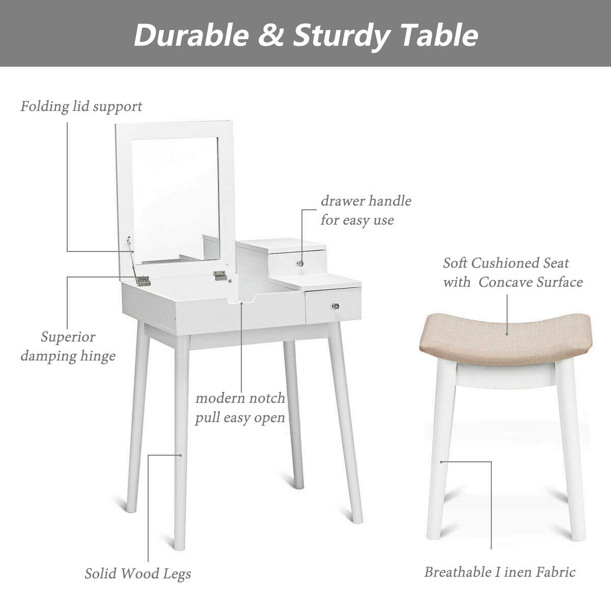 Vanity Dressing Table Set with Flip Mirror & Stool - Modern Writing Desk & Makeup Vanity for Bedroom, Home Office - Perfect for Beauty Routine, Study & Work Space