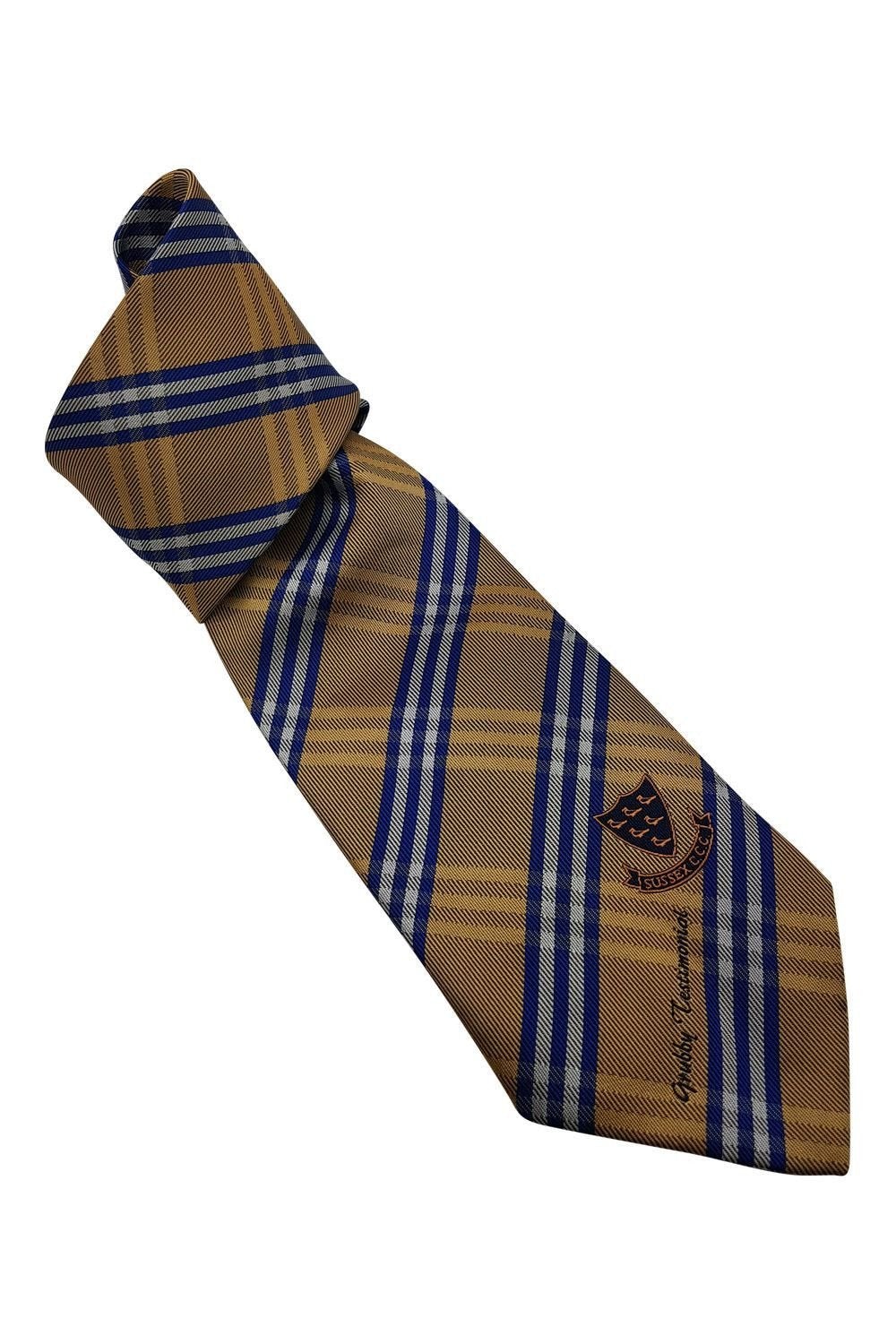 ALLEZ Sussex County Cricket Club Gold & Blue Check Tie - Premium Polyester Necktie for Men - Perfect for Cricket Matches, Weddings & Formal Events
