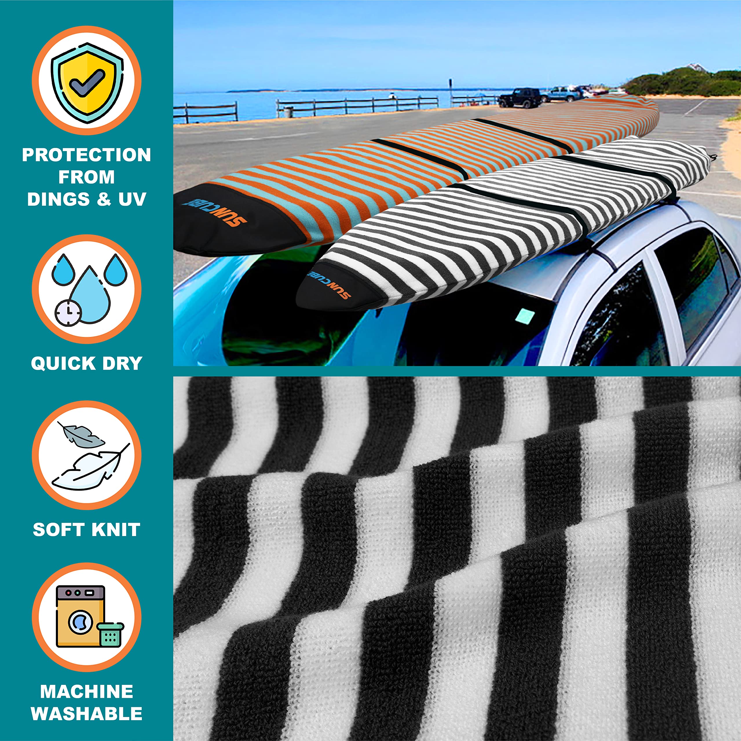 **SUN CUBE Surfboard Sock Cover - Protective Stretchy Surf Bag for Longboard, Hybrid & Shortboard - Lightweight Surfboard Sleeve for Storage & Travel - Perfect for Beach, Surf Trips & Board Protection**
