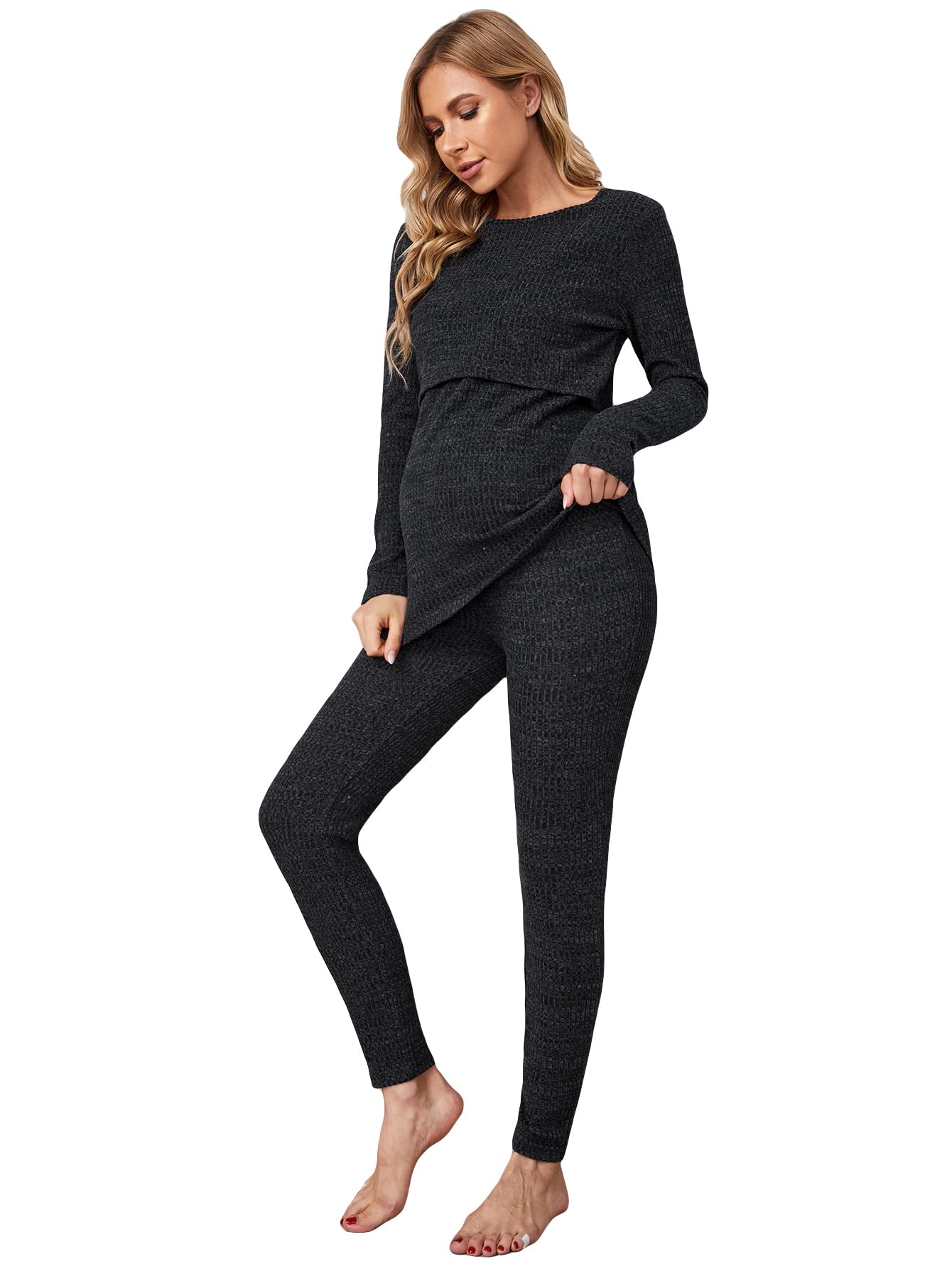 OYOANGLE Women's 2-Piece Maternity Nursing Set - Soft Rib Knit Breastfeeding Top & Stretchy Leggings Pajamas for Comfortable Pregnancy & Postpartum Wear - Perfect for Nursing, Lounging & Sleeping