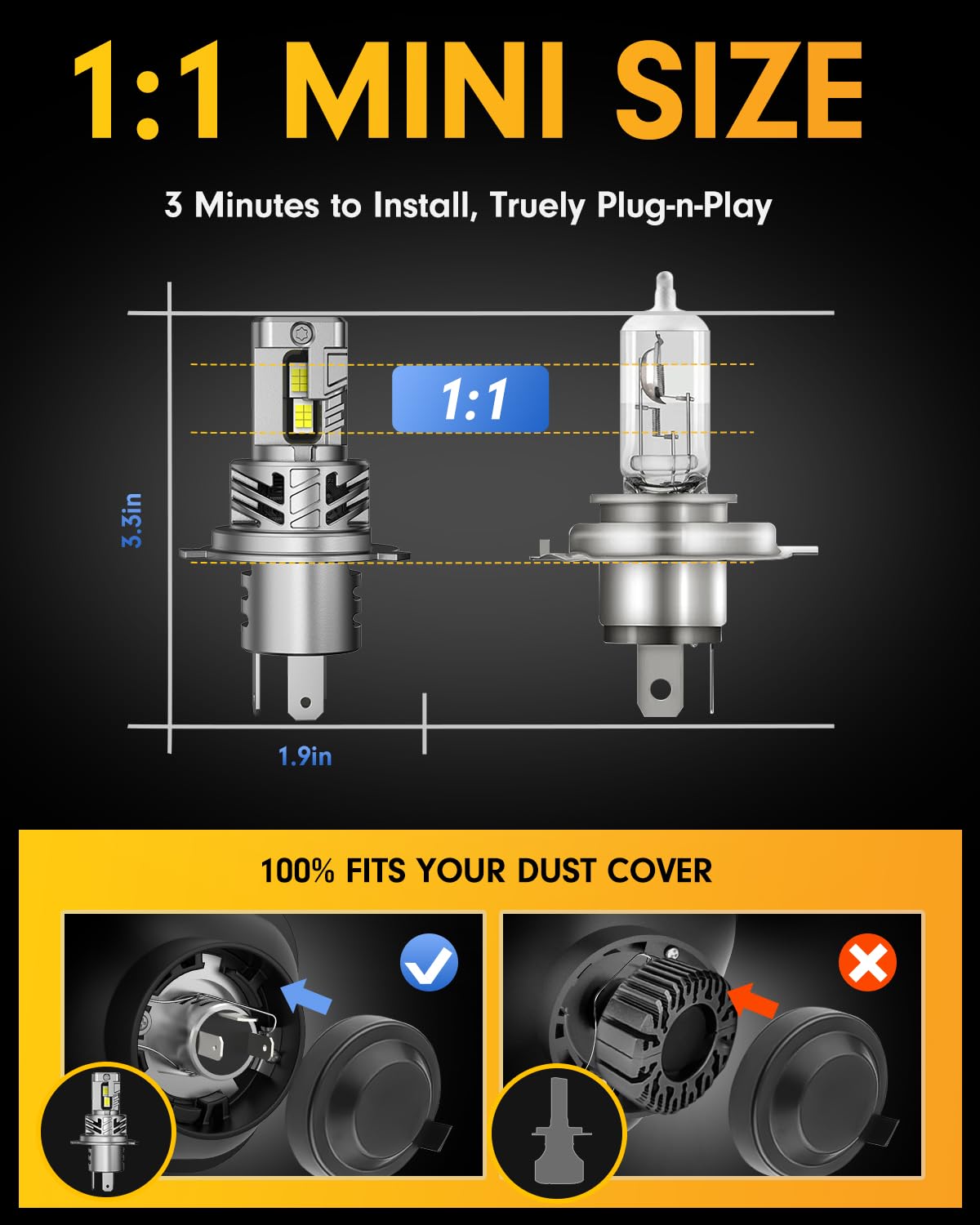 H4 LED Bulbs for Motorcycle - 60W 600% Brighter 6500K White Light - Plug and Play H4/9003 Fog Bulbs with Cooling Fan - Mini Size Direct Replacement - All-in-One Daytime Running Lights - Perfect for Night Riding and Foggy Conditions (Pack of 1)