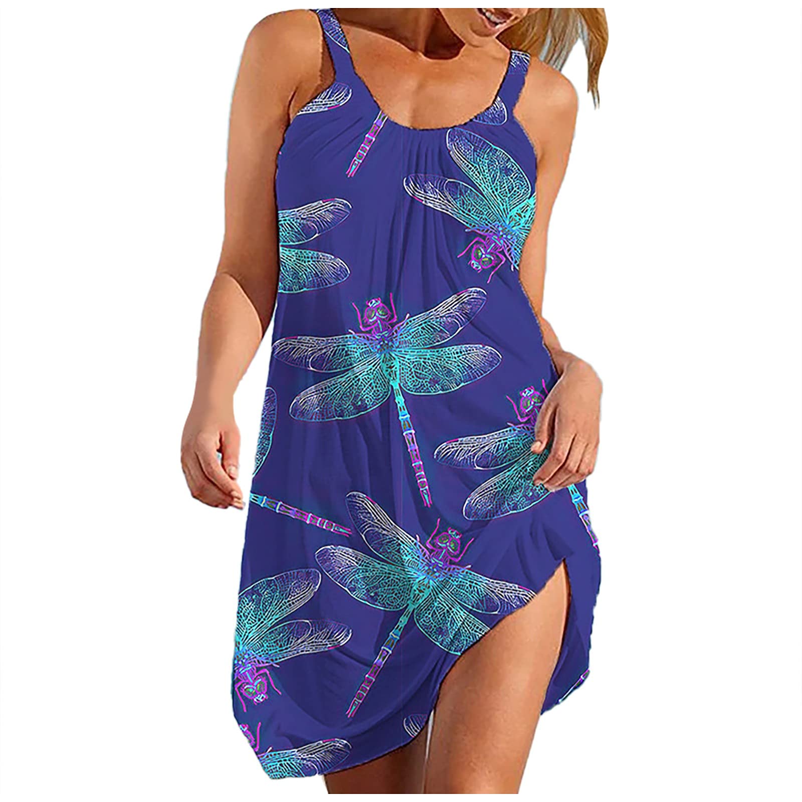 Women's Summer O-Neck Spaghetti Strap Casual Beach Dress - Flowy Polyester Printed Sundress for Vacation, Pool Party & Outdoor Wear 2023