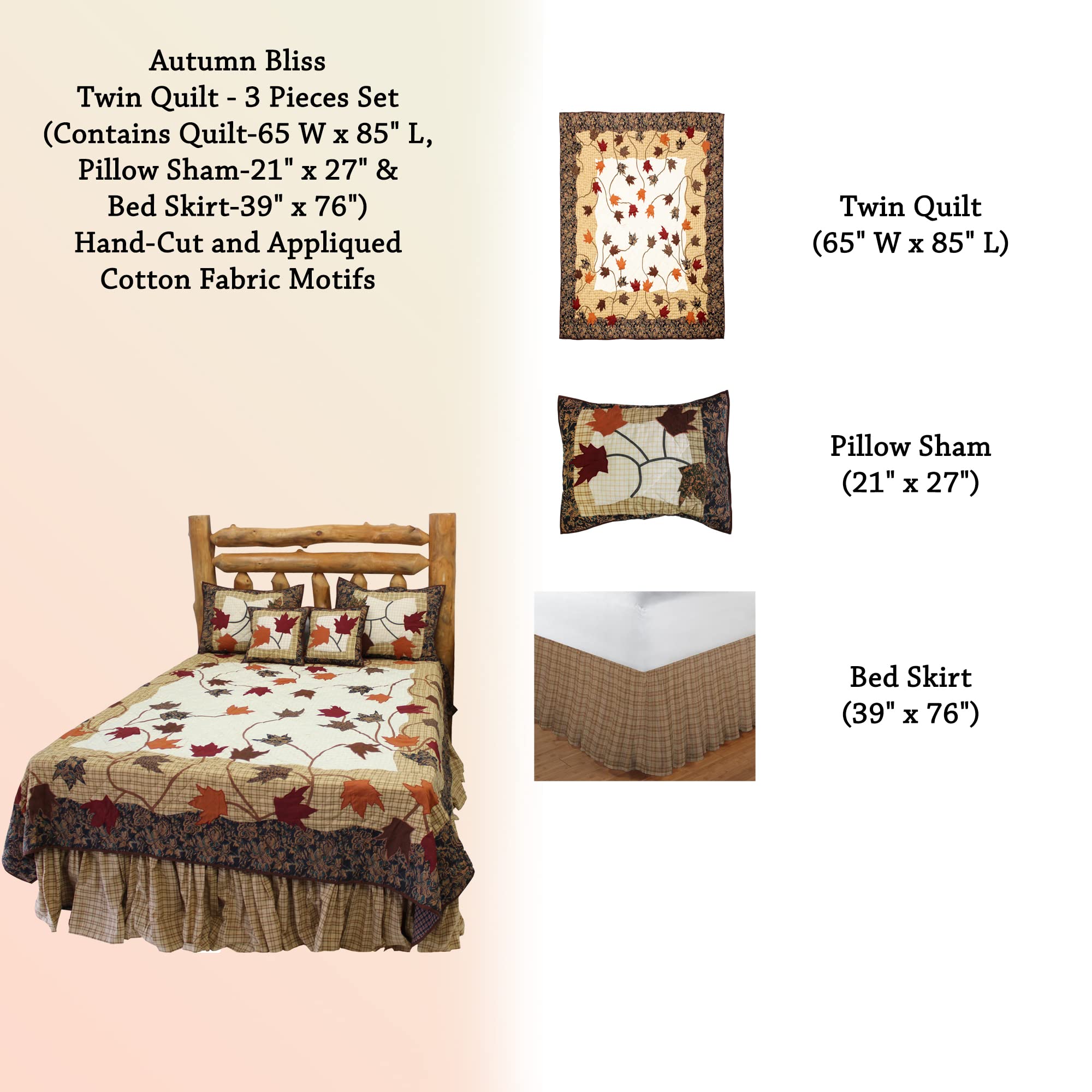 Autumn Bliss Twin Quilt Set - 3 Piece Cotton Quilted Bedding (65