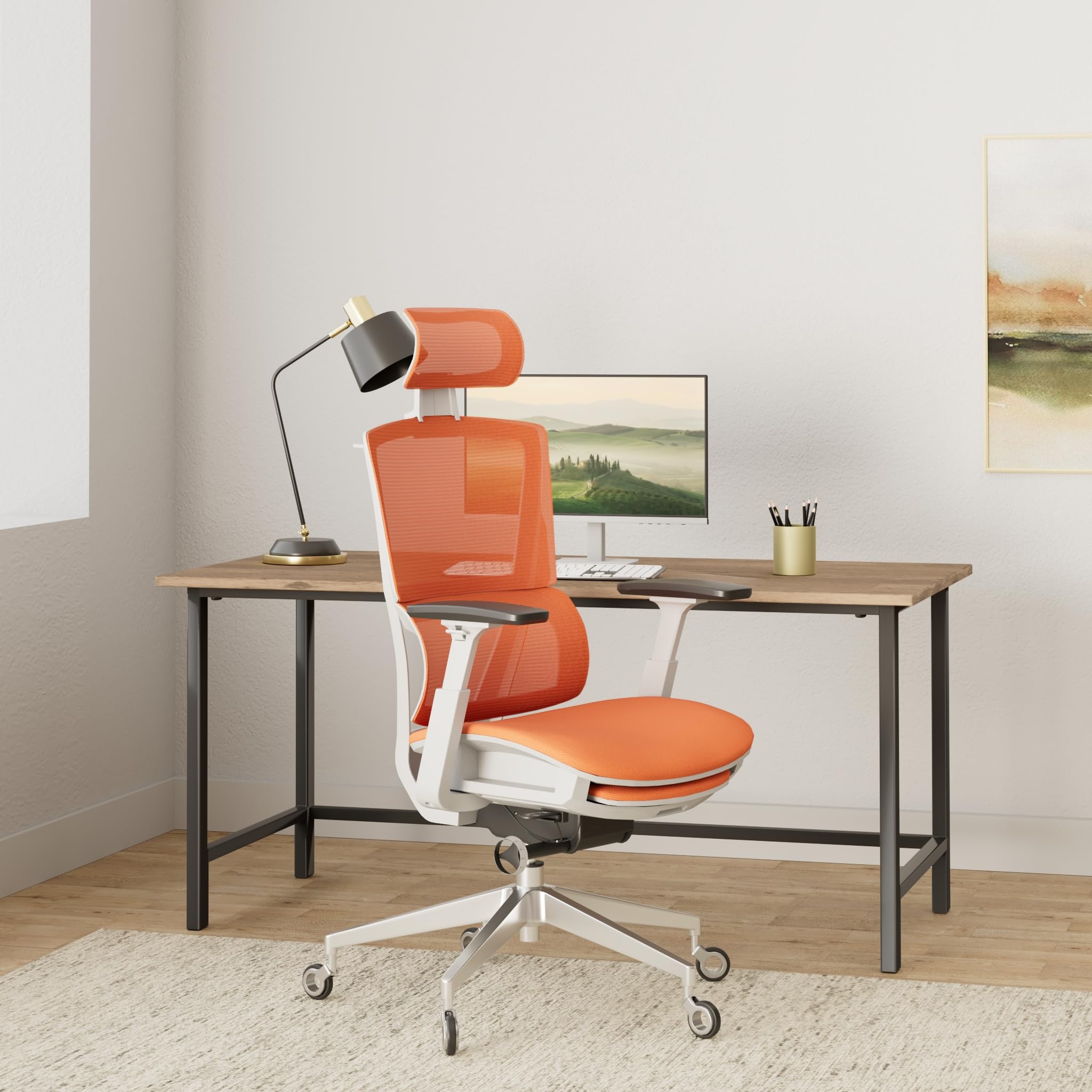 Nouhaus Rewind Ergonomic Office Chair with Adjustable Footrest & Lumbar Support - Mesh High Back Rolling Task Chair for Home Office - Orange - Perfect for Long Work Hours & Gaming Sessions