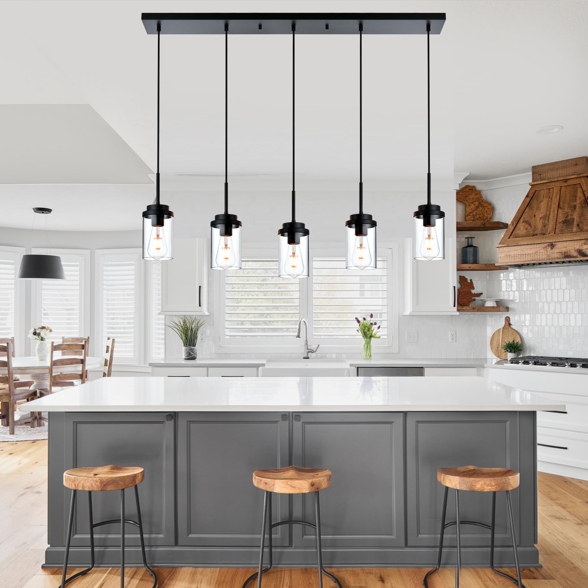 Modern Industrial Farmhouse Chandelier - Black Linear Pendant Light with Clear Glass Shade for Dining Room, Kitchen Island & Foyer | Rustic Ceiling Lighting Fixture for Home Decor & Restaurant Ambience