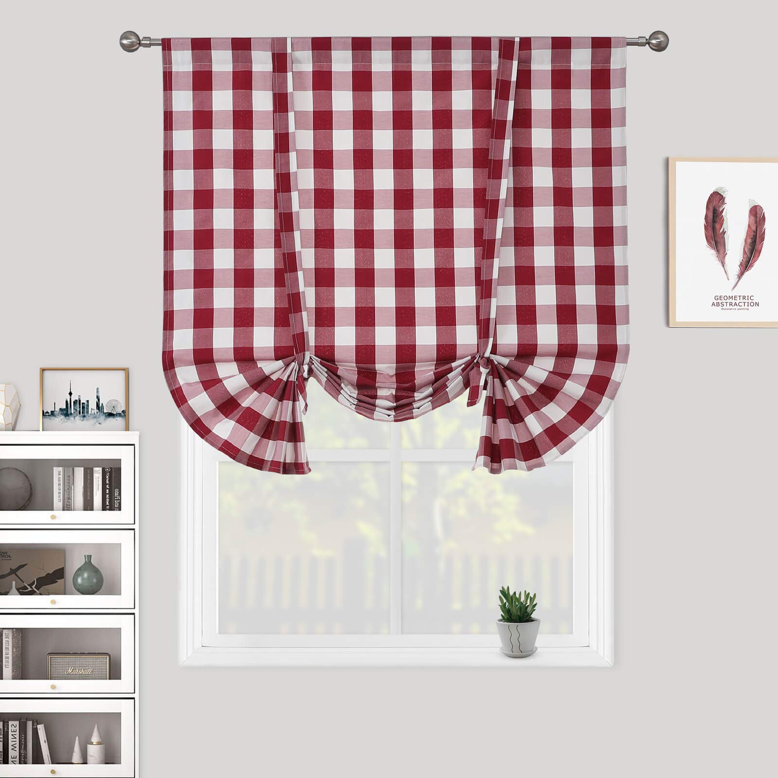 WUBODTI Christmas Red and White Buffalo Plaid Tie-Up Roman Curtains - 63 Inch Length Adjustable Check Gingham Balloon Shade for Kitchen, Bathroom & Small Windows - Perfect for Farmhouse, Holiday Decor & Cozy Home Styling