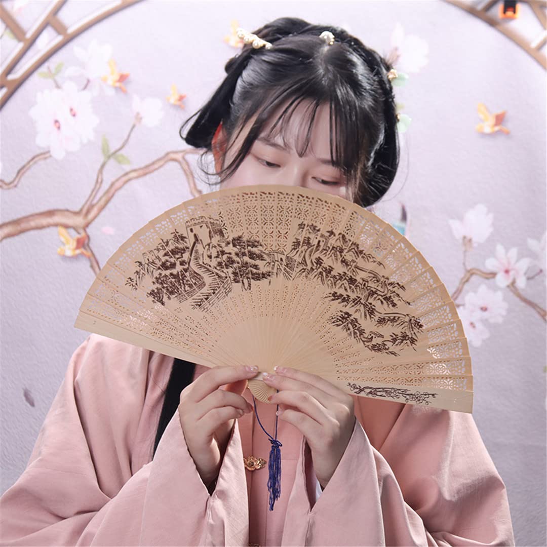 1PC Sandalwood Folding Fan - Handheld Ancient Style Decorative Fan with Hollow Carving for Home Decor, Wedding, Photo Props & Gifts