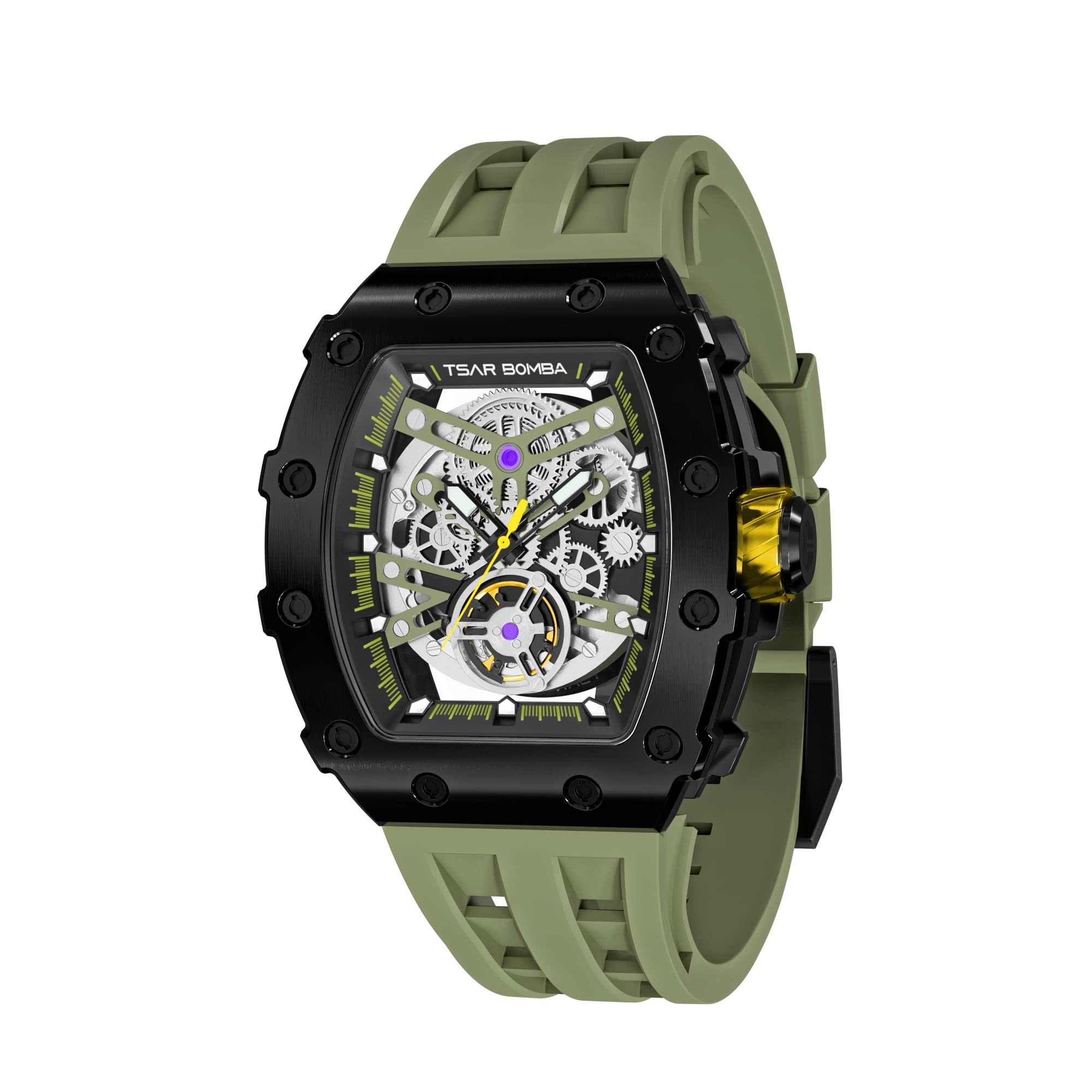 TSAR BOMBA Luxury Automatic Men's Watch - Square Skeleton Tonneau Design with Japanese Movement, 50M Waterproof, Sapphire Crystal Glass - Silicone/FKM Rubber Strap - Perfect Gift for Men - Ideal for Business, Casual Wear & Special Occasions