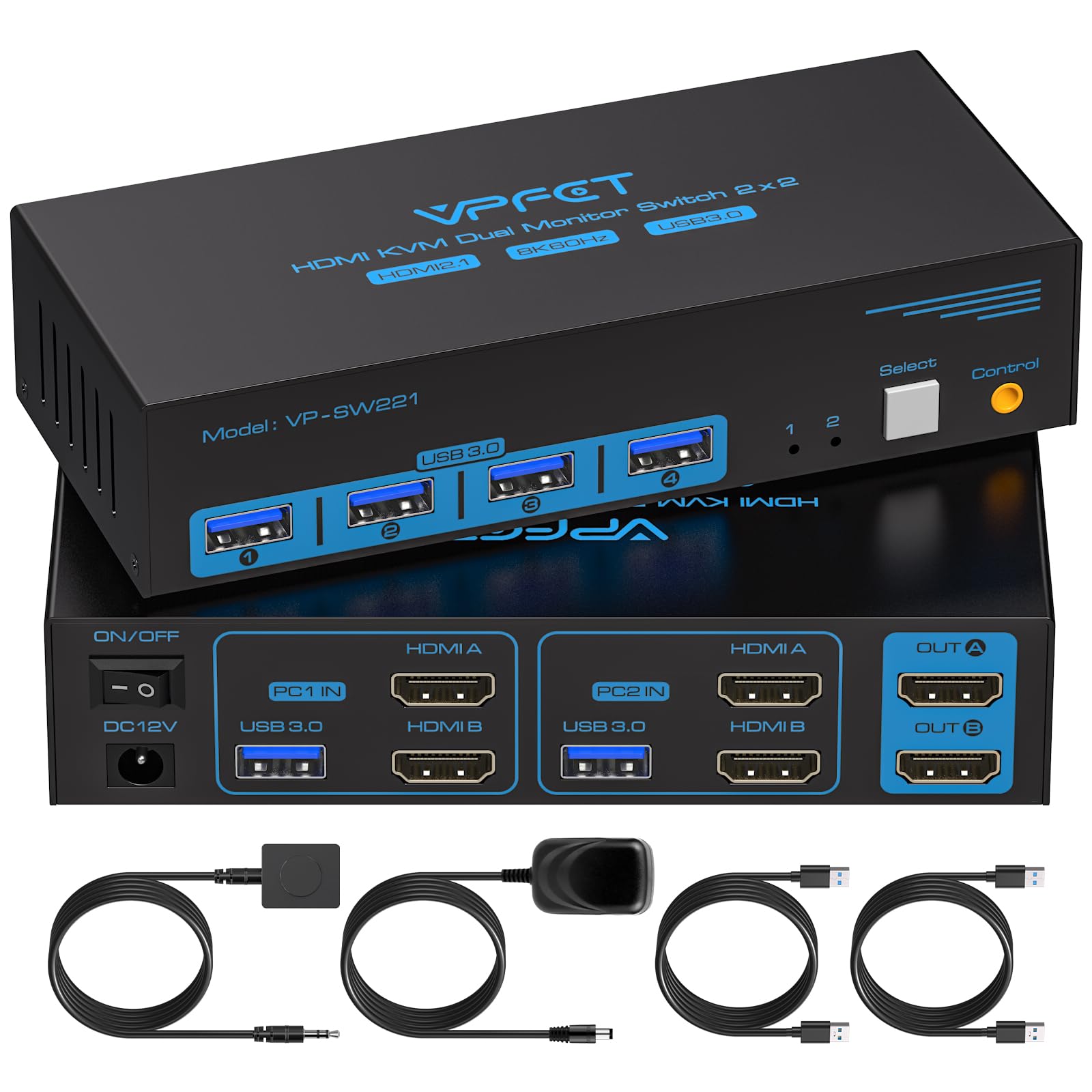 8K60Hz HDMI KVM Switch for 2 Computers 2 Monitors - 4K120Hz Support, 4-Port USB 3.0 Hub, Includes External Wired Controller, 12V DC Adapter & 2x USB 3.0 Cables - Perfect for Home Office, Gaming & Multi-Tasking Workstations