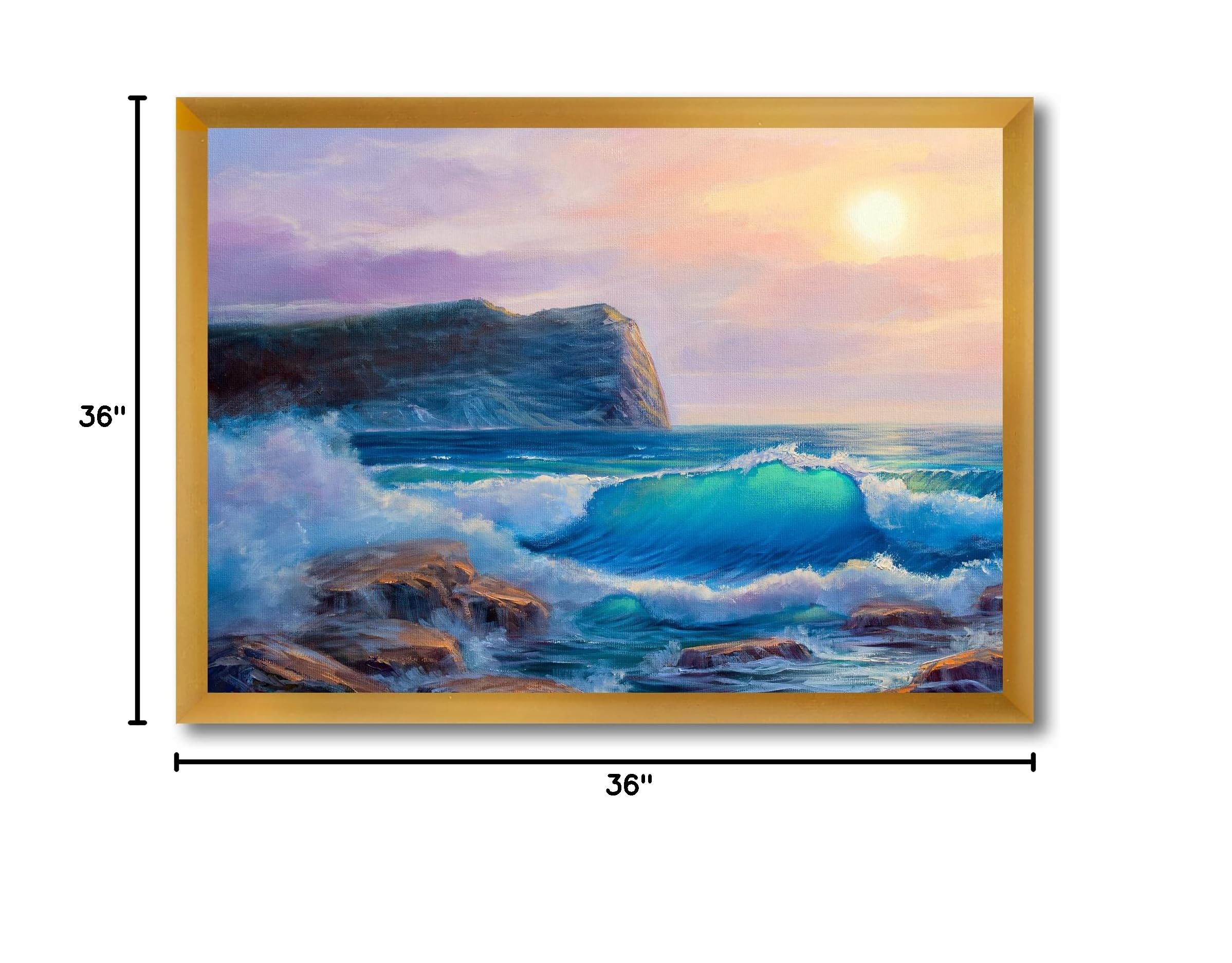 DesignQ Blue Waves Breaking At The Beach III - Coastal Framed Wall Art for Living Room, Bedroom & Office Decor | Nautical Home Decor | Ocean Themed Painting
