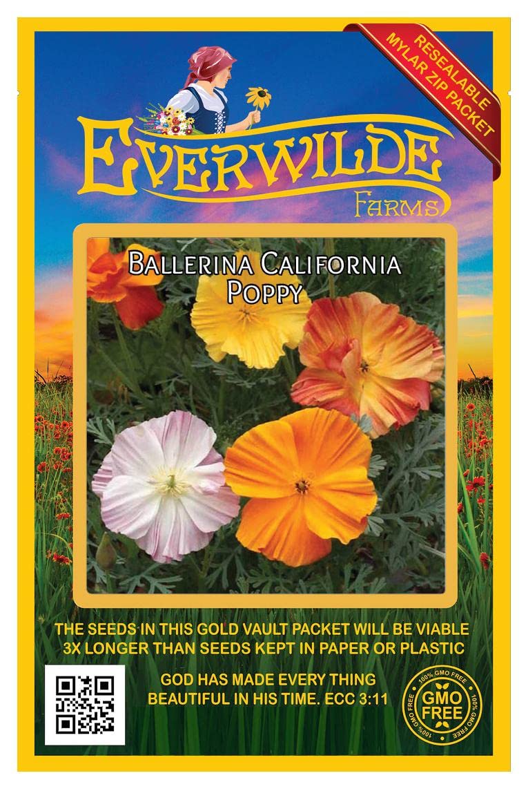 Everwilde Farms 1000 Ballerina Mix California Poppy Wildflower Seeds - Gold Vault Jumbo Seed Packet for Home Garden, Landscaping & Pollinator-Friendly Planting