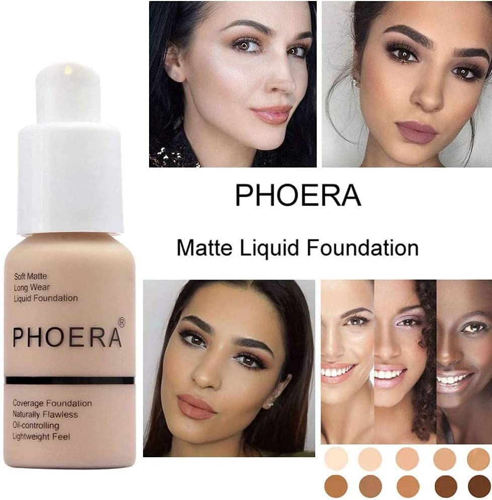Glamza Phoera Full Coverage Foundation Makeup Set - 24-Hour Long Lasting Oil Control, Matte Flawless Concealer Cream - Includes 4x 30ml Foundations & Silicone Blender Sponge (103 Warm Peach) - Perfect for Daily Wear, Special Occasions & Photography