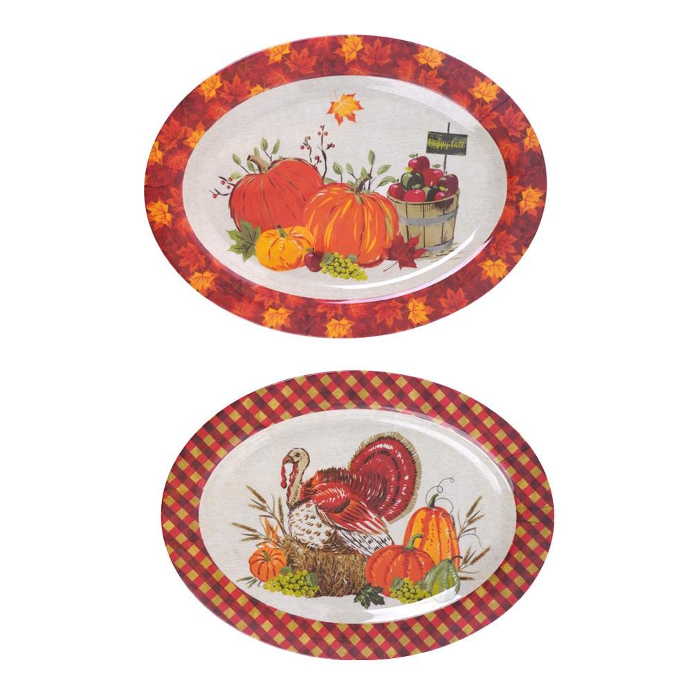 Set of 2 Durable 18-Inch Melamine Oval Serving Trays - Thanksgiving & Holiday Platters with Fall Harvest Design, Shatterproof & Reusable for Turkey, Appetizers, Parties, Buffets, and Family Gatherings - Perfect for Thanksgiving Dinner, Christmas Feasts, and Special Occasions