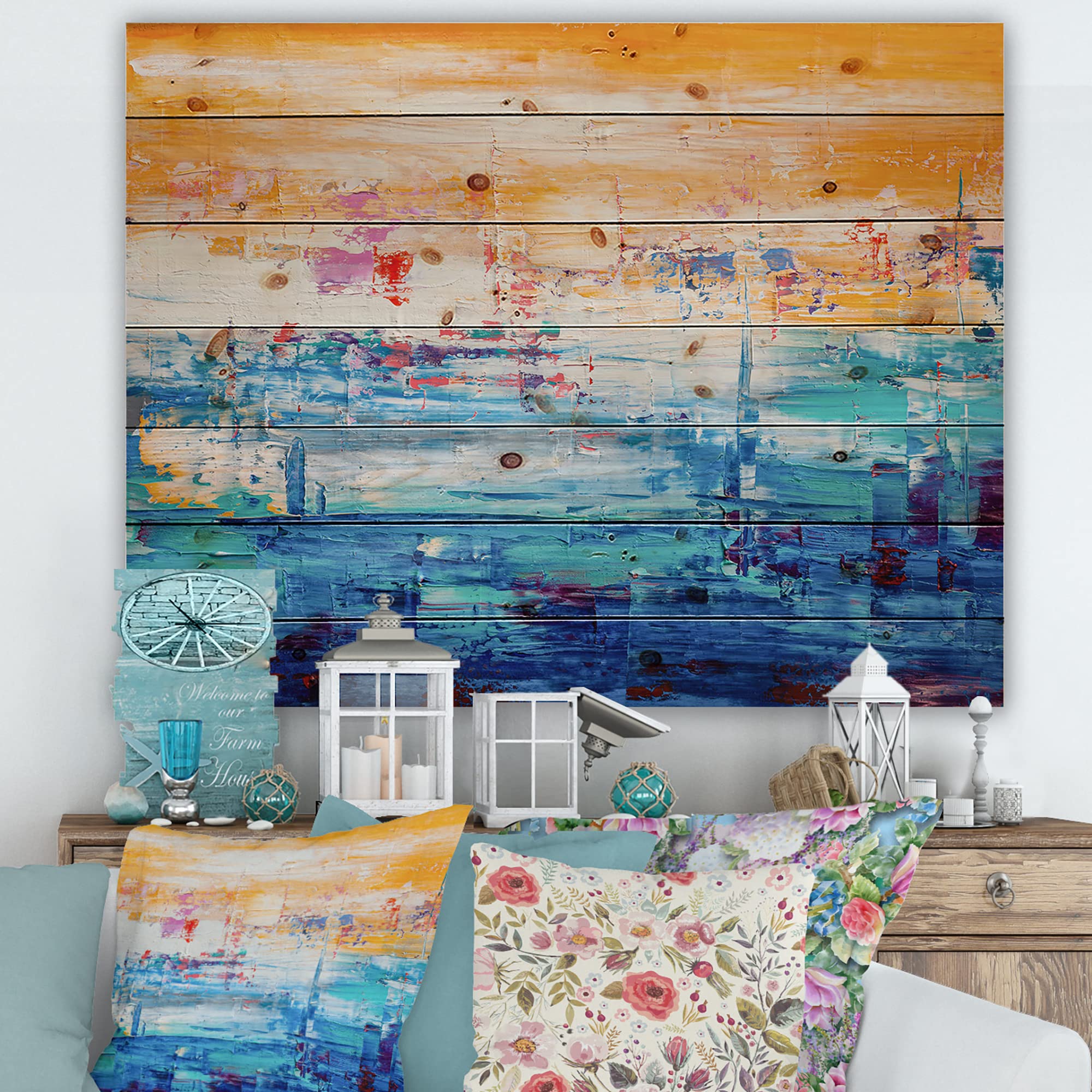 Abstract Blue and Orange Wood Wall Art - Modern Contemporary Wooden Wall Decor, Large Pine Wood Panel Print for Living Room, Bedroom & Office