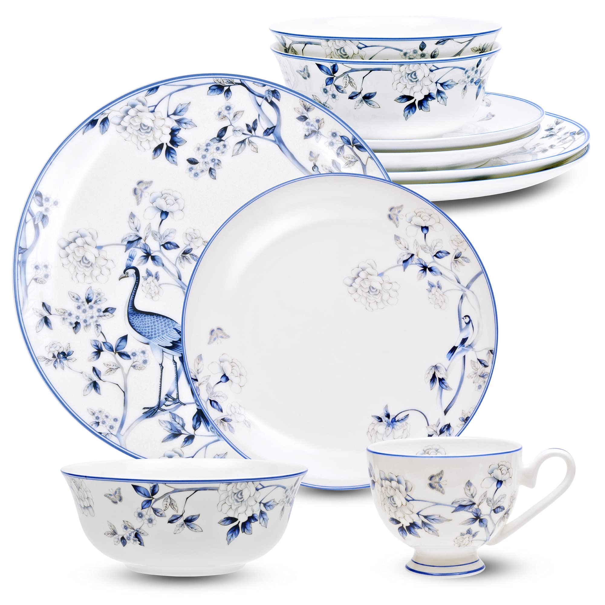 16-Piece Premium Bone China Dinnerware Set for 4 - Blue and White Porcelain Plates, Bowls & Coffee Cups - Elegant Tableware for Dining, Entertaining & Daily Use - Jingdezhen Porcelain Collection