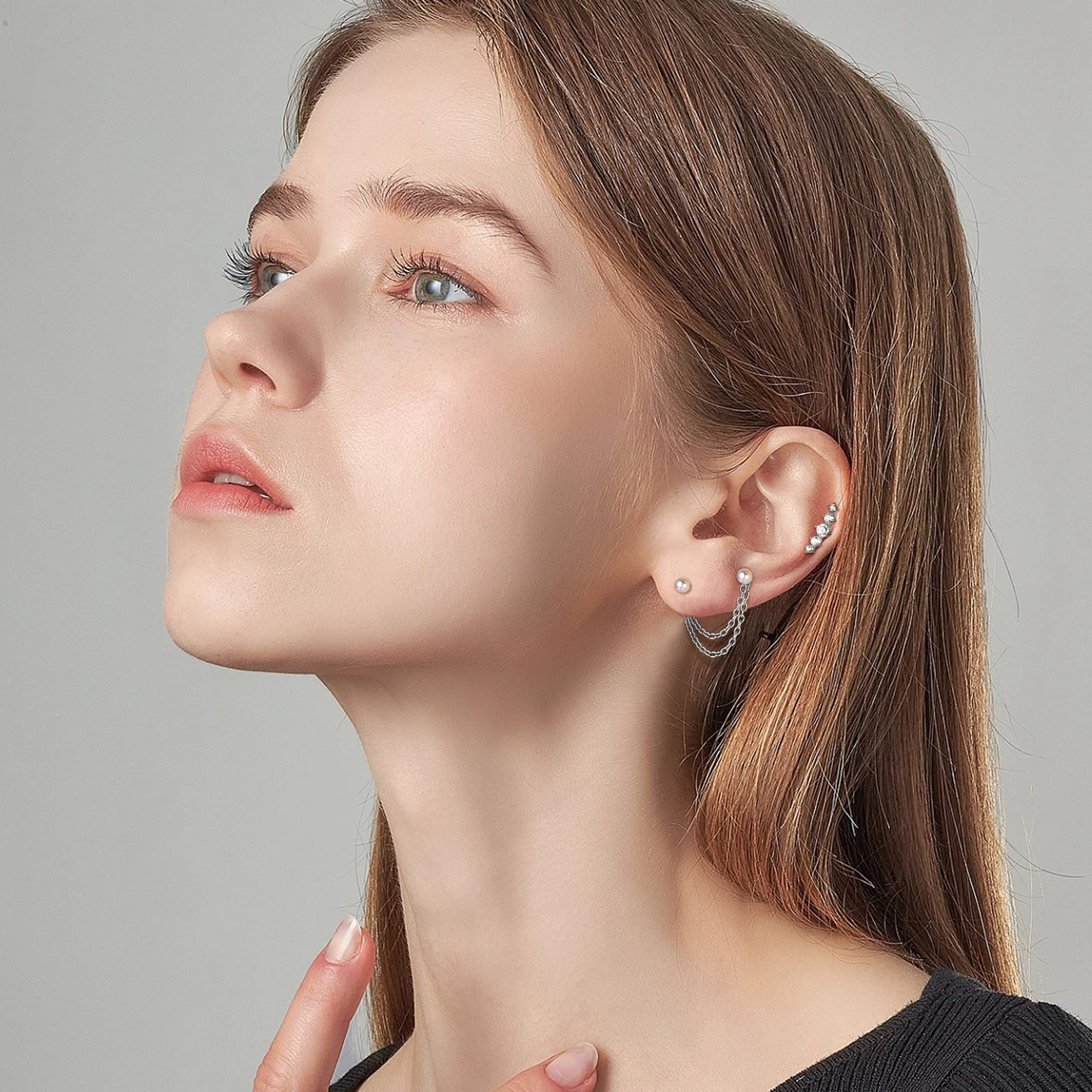 FIBO STEEL 20G Cartilage Earrings Set for Women - Huggie Hoop, Flat Back Stud, Star Moon Butterfly CZ Earrings, Dangle Chain Helix Tragus Piercing Jewelry | Perfect for Daily Wear, Parties & Gifts