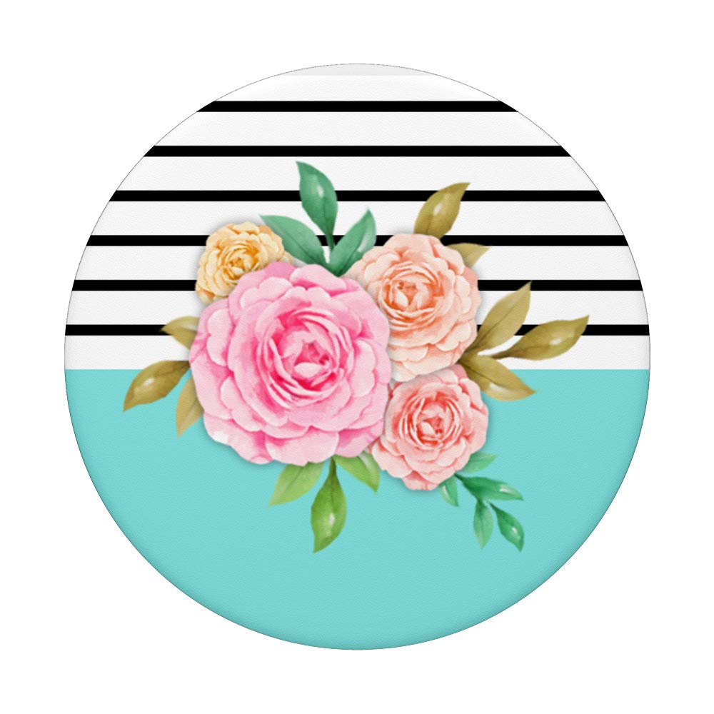 Grip Stripes Mint Floral Chic Pink Rose PopSocket PopGrip: Swappable Phone & Tablet Grip for Stylish Protection and Convenient Use at Home, Office, or Travel