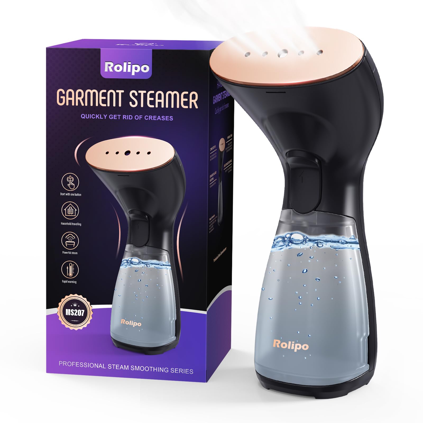 Rolipo Handheld Garment Steamer for Wrinkle Removal - Compact & Portable Clothes Steamer for Home, Travel, Office - Perfect for Suits, Dresses, Curtains & Quick Outfit Refresh